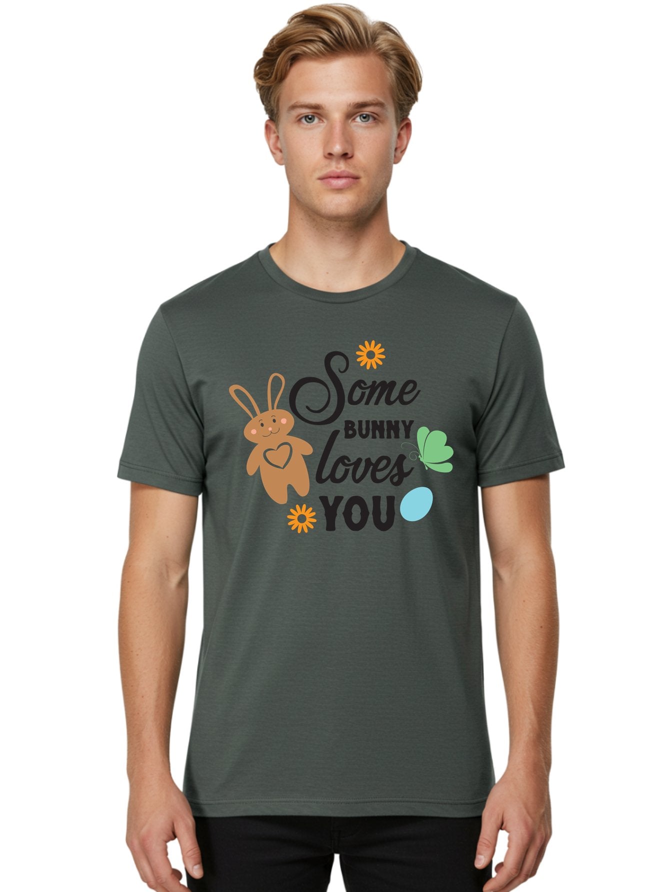 Some-Bunny-Loves-You Men'S Graphic Tee, 100% Cotton, Comfortable Casual Summer Wear, Machine Washable, Easter Bunny, Love Message, Cute Cartoons, Hearts, Spring Theme, Easter Eggs, Festive Designs, Adorable Bunnies, Spring Decorations Aad186 24