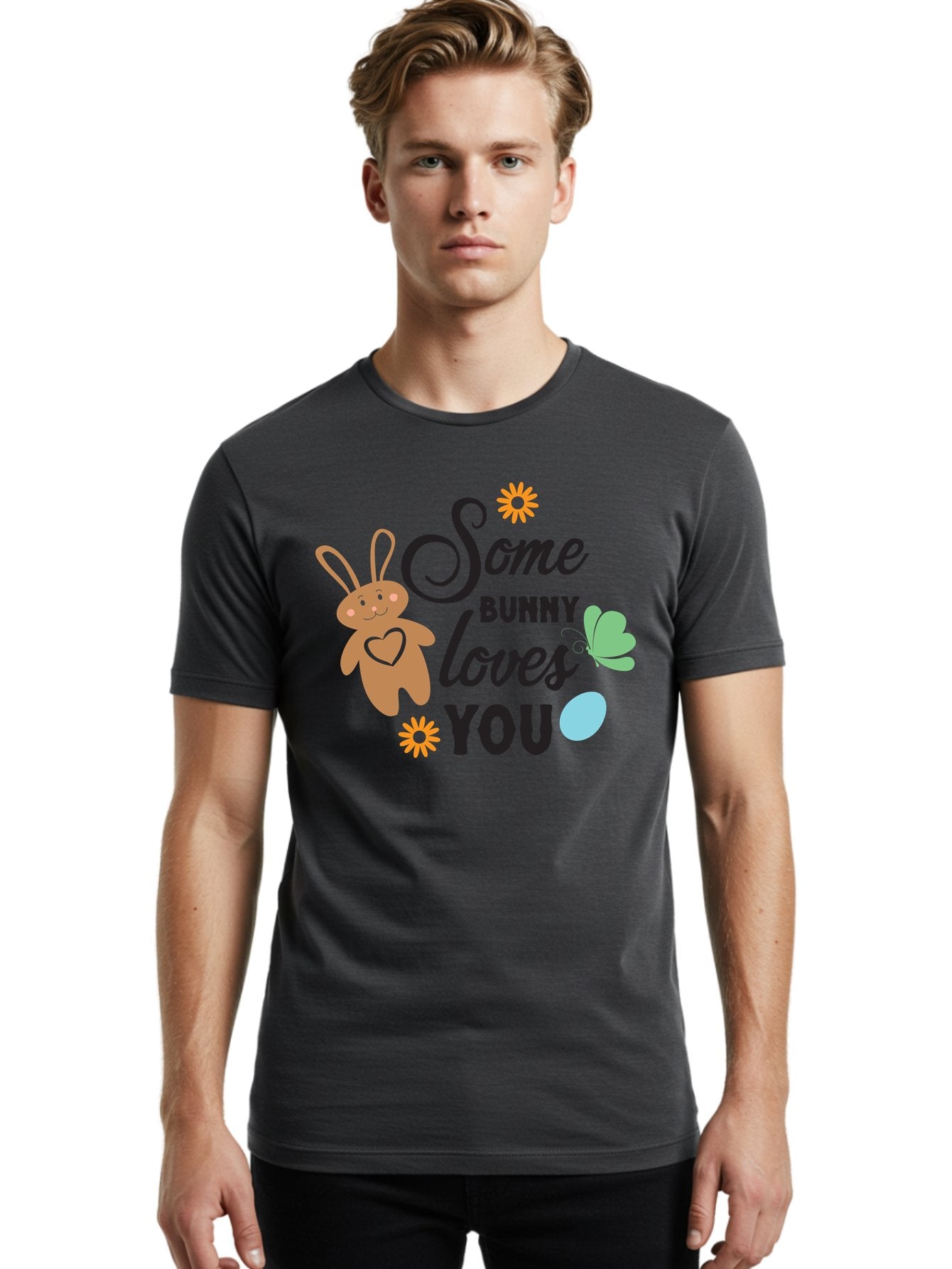 Some-Bunny-Loves-You Men'S Graphic Tee, 100% Cotton, Comfortable Casual Summer Wear, Machine Washable, Easter Bunny, Love Message, Cute Cartoons, Hearts, Spring Theme, Easter Eggs, Festive Designs, Adorable Bunnies, Spring Decorations Aad186 21
