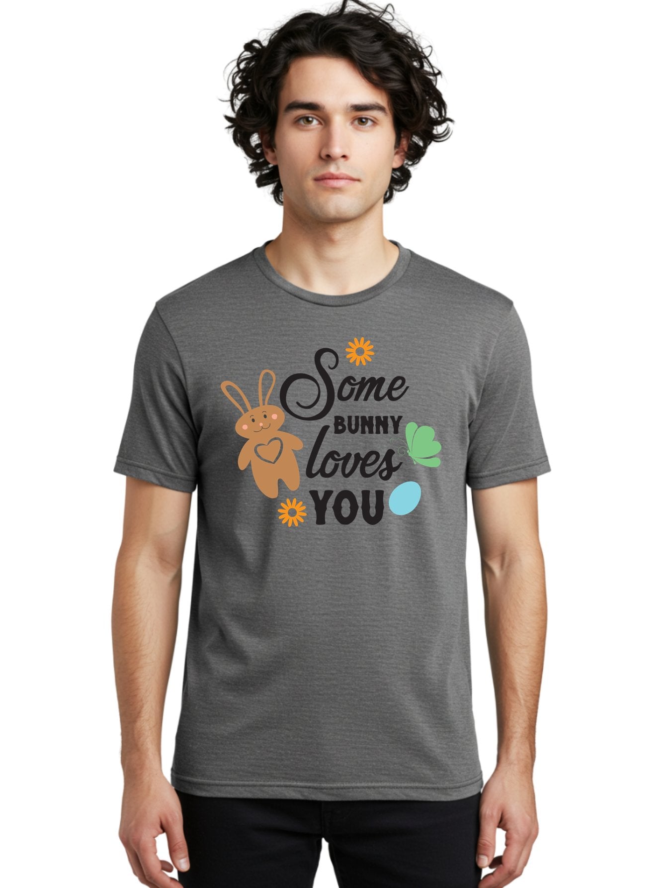 Some-Bunny-Loves-You Men'S Graphic Tee, 100% Cotton, Comfortable Casual Summer Wear, Machine Washable, Easter Bunny, Love Message, Cute Cartoons, Hearts, Spring Theme, Easter Eggs, Festive Designs, Adorable Bunnies, Spring Decorations Aad186 18