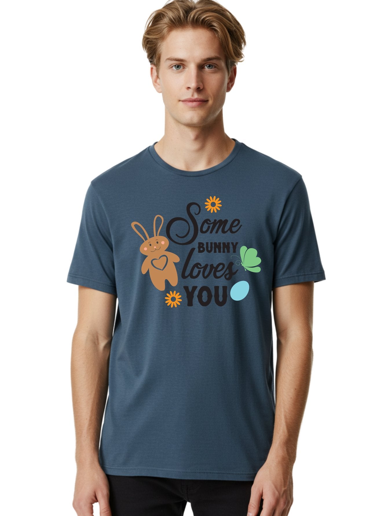 Some-Bunny-Loves-You Men'S Graphic Tee, 100% Cotton, Comfortable Casual Summer Wear, Machine Washable, Easter Bunny, Love Message, Cute Cartoons, Hearts, Spring Theme, Easter Eggs, Festive Designs, Adorable Bunnies, Spring Decorations Aad186 28