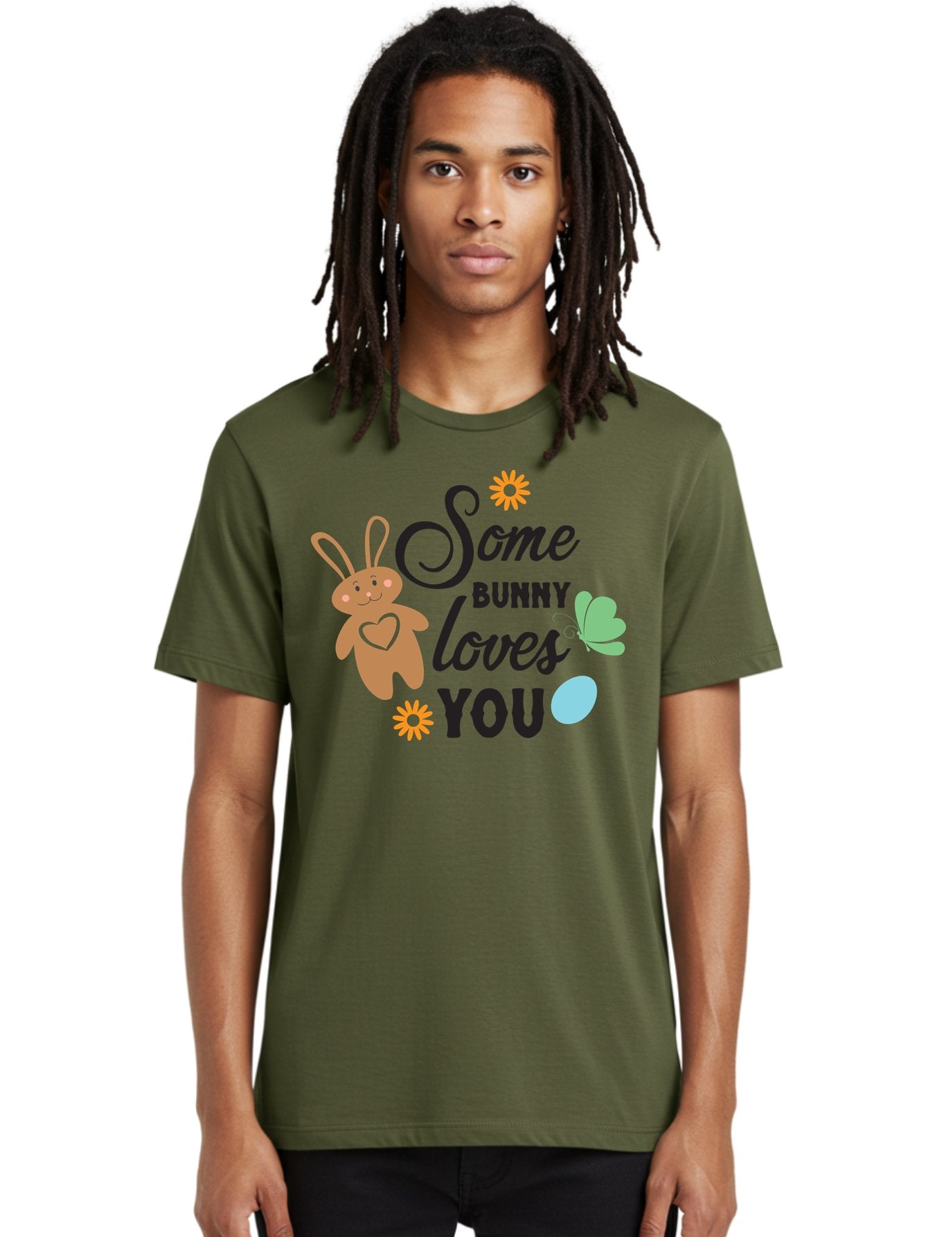 Some-Bunny-Loves-You Men'S Graphic Tee, 100% Cotton, Comfortable Casual Summer Wear, Machine Washable, Easter Bunny, Love Message, Cute Cartoons, Hearts, Spring Theme, Easter Eggs, Festive Designs, Adorable Bunnies, Spring Decorations Aad186 16