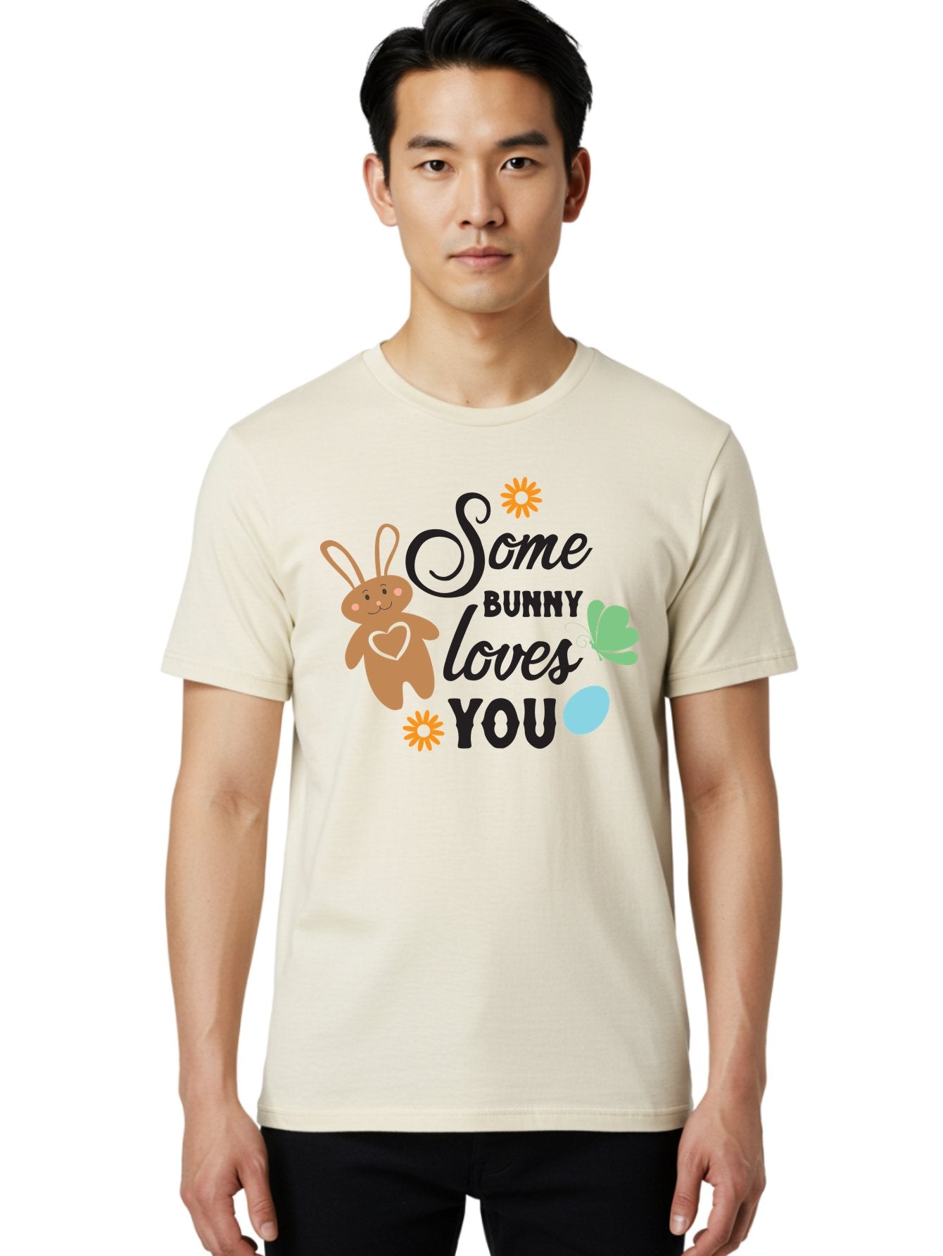 Some-Bunny-Loves-You Men'S Graphic Tee, 100% Cotton, Comfortable Casual Summer Wear, Machine Washable, Easter Bunny, Love Message, Cute Cartoons, Hearts, Spring Theme, Easter Eggs, Festive Designs, Adorable Bunnies, Spring Decorations Aad186 22