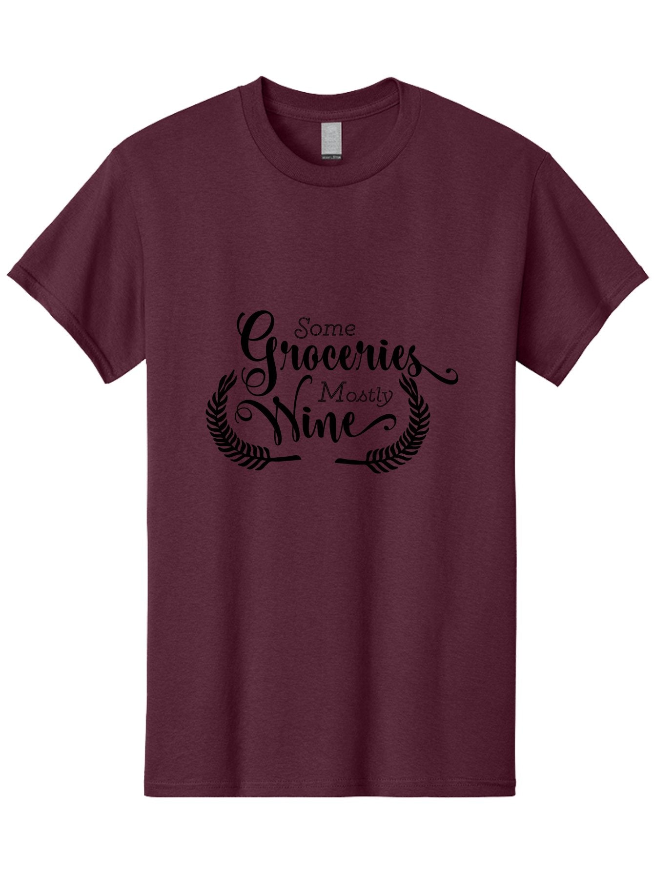 Some-Groceries-Mostly-Wine Men'S Graphic Tee, 100% Cotton, Comfortable Casual Summer Wear, Machine Washable, Grocery Shopping, Wine Lovers, Humorous Quote, Elegant Typography, Leafy Wreath, Shopping Humor, Funny Sayings Aad187 4