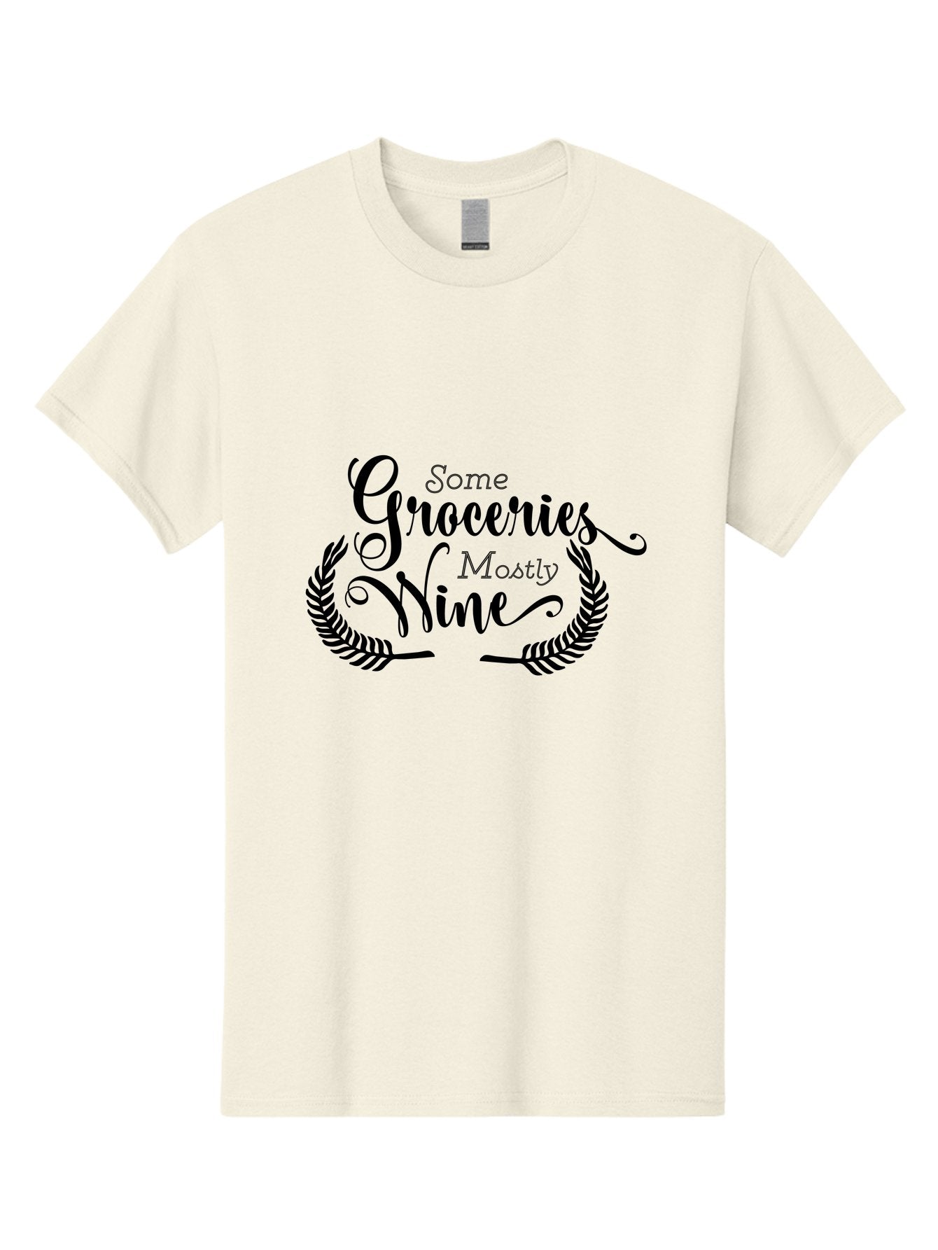 Some-Groceries-Mostly-Wine Men'S Graphic Tee, 100% Cotton, Comfortable Casual Summer Wear, Machine Washable, Grocery Shopping, Wine Lovers, Humorous Quote, Elegant Typography, Leafy Wreath, Shopping Humor, Funny Sayings Aad187 3
