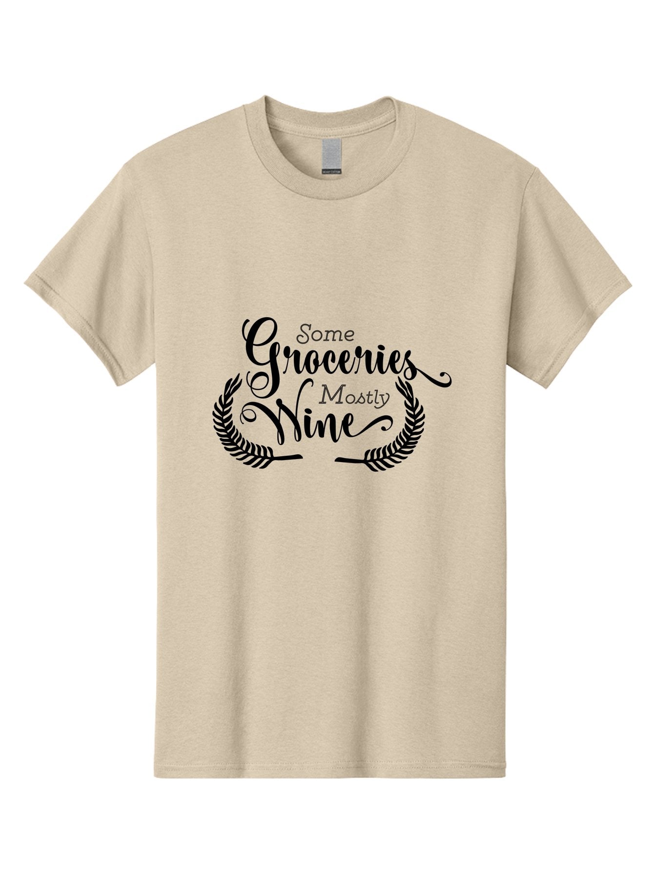 Some-Groceries-Mostly-Wine Men'S Graphic Tee, 100% Cotton, Comfortable Casual Summer Wear, Machine Washable, Grocery Shopping, Wine Lovers, Humorous Quote, Elegant Typography, Leafy Wreath, Shopping Humor, Funny Sayings Aad187 12