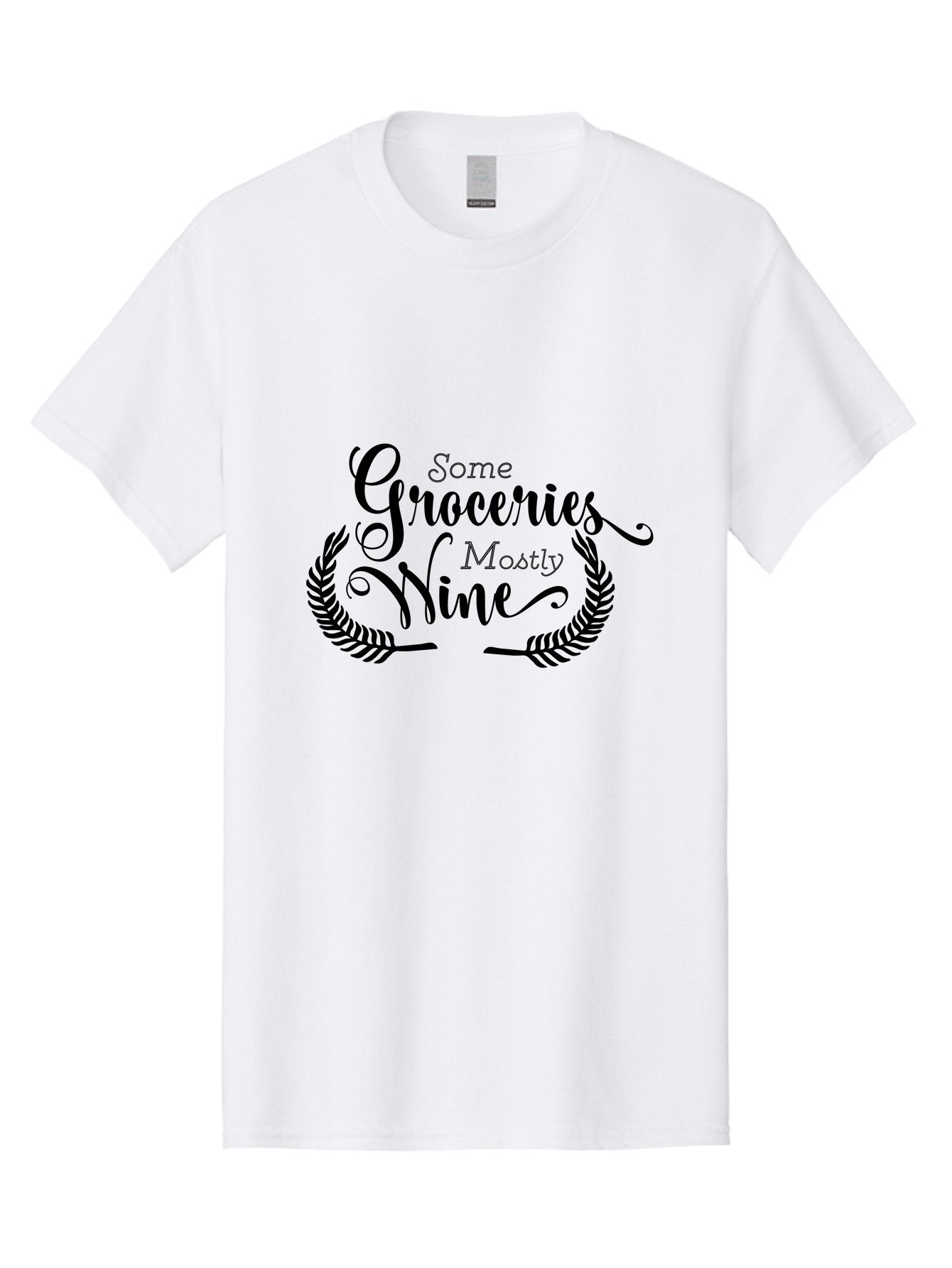 Some-Groceries-Mostly-Wine Men'S Graphic Tee, 100% Cotton, Comfortable Casual Summer Wear, Machine Washable, Grocery Shopping, Wine Lovers, Humorous Quote, Elegant Typography, Leafy Wreath, Shopping Humor, Funny Sayings Aad187 11