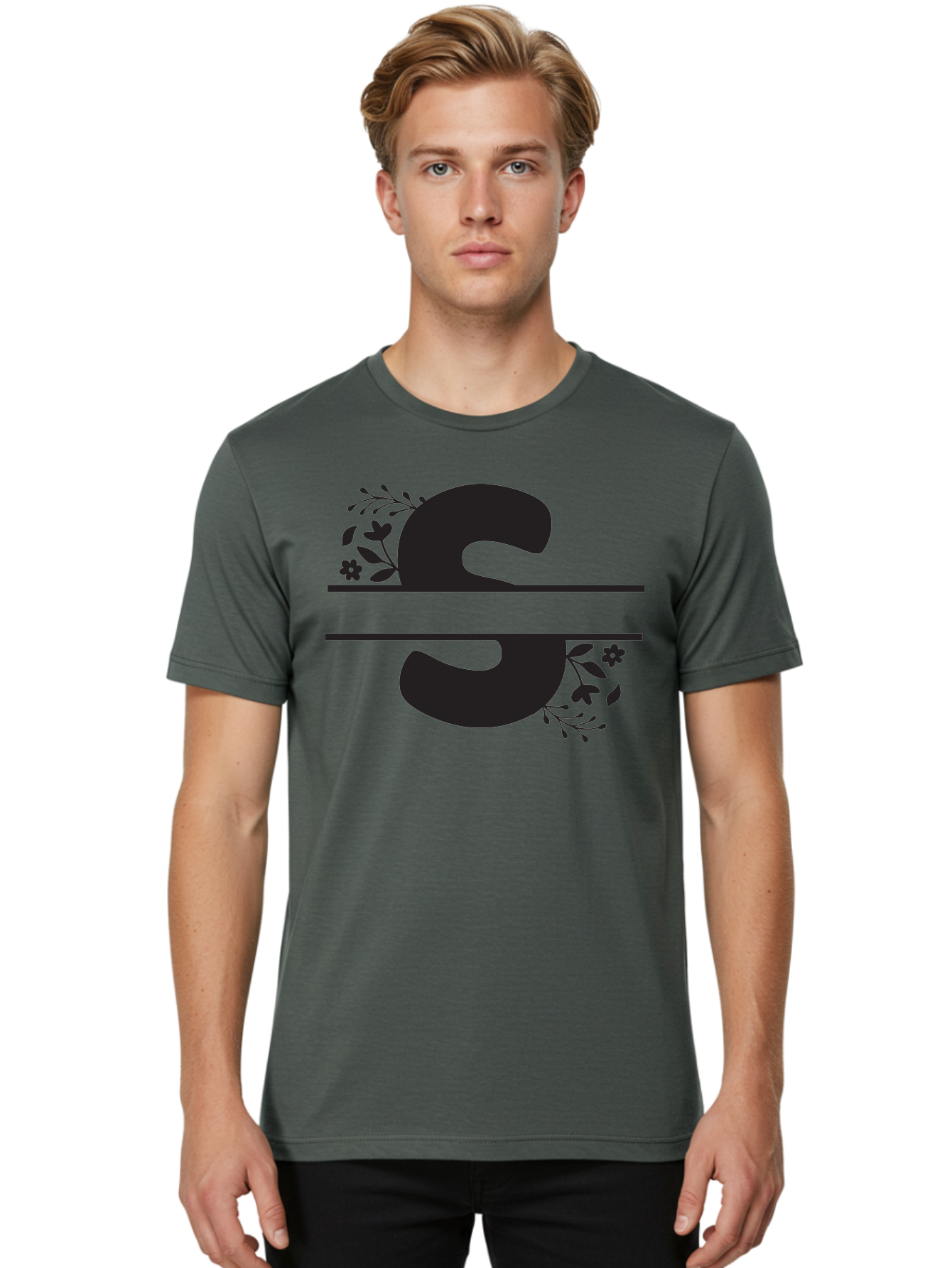 Ss-Floral-Design Men'S Graphic Tee, 100% Cotton, Comfortable Casual Summer Wear, Machine Washable, Floral Design, Double S, Black Letters, Leafy Vines, Flowers, Elegant Typography, Decorative Elements, S Lettering Aad194 30