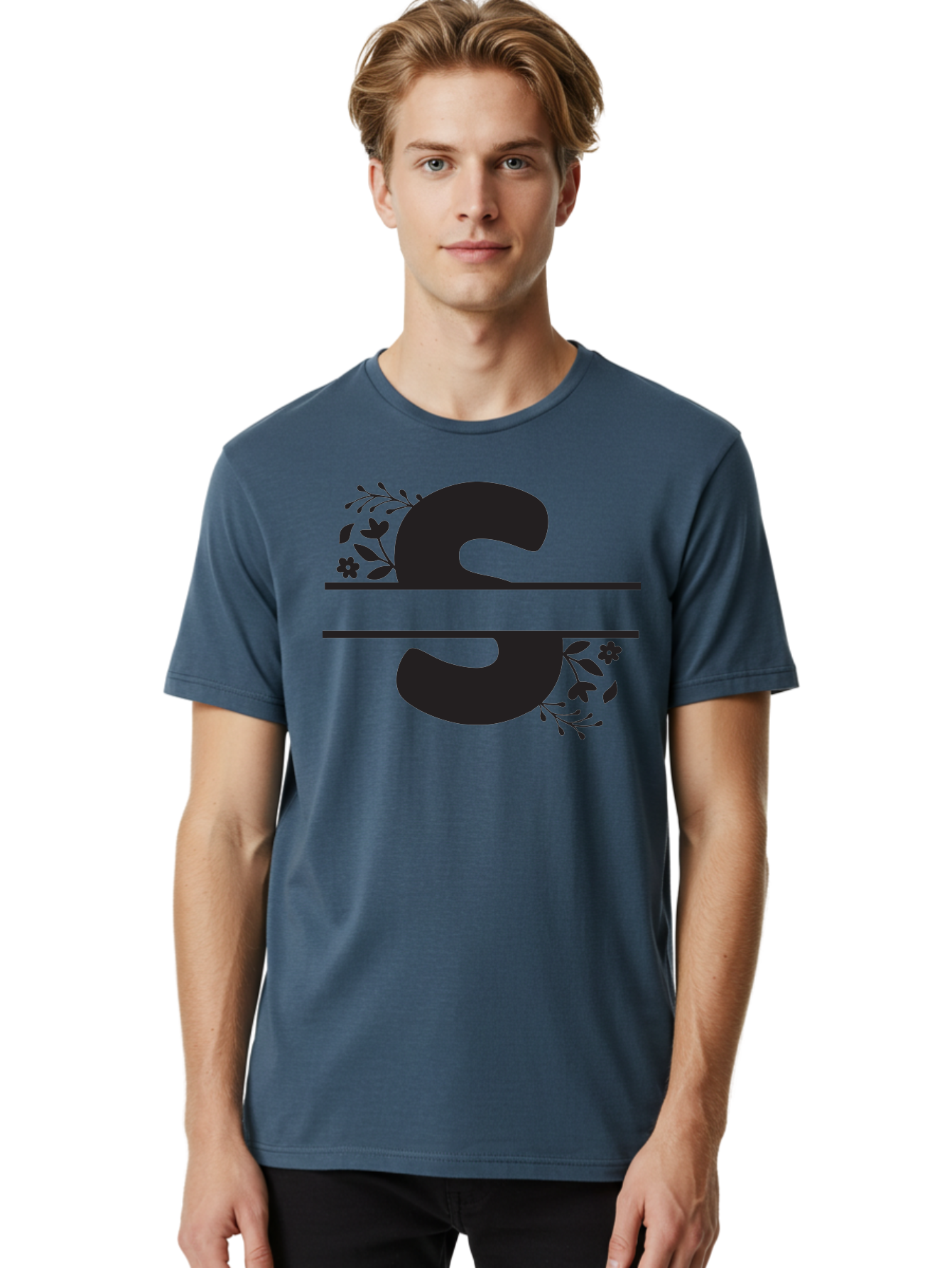 Ss-Floral-Design Men'S Graphic Tee, 100% Cotton, Comfortable Casual Summer Wear, Machine Washable, Floral Design, Double S, Black Letters, Leafy Vines, Flowers, Elegant Typography, Decorative Elements, S Lettering Aad194 28