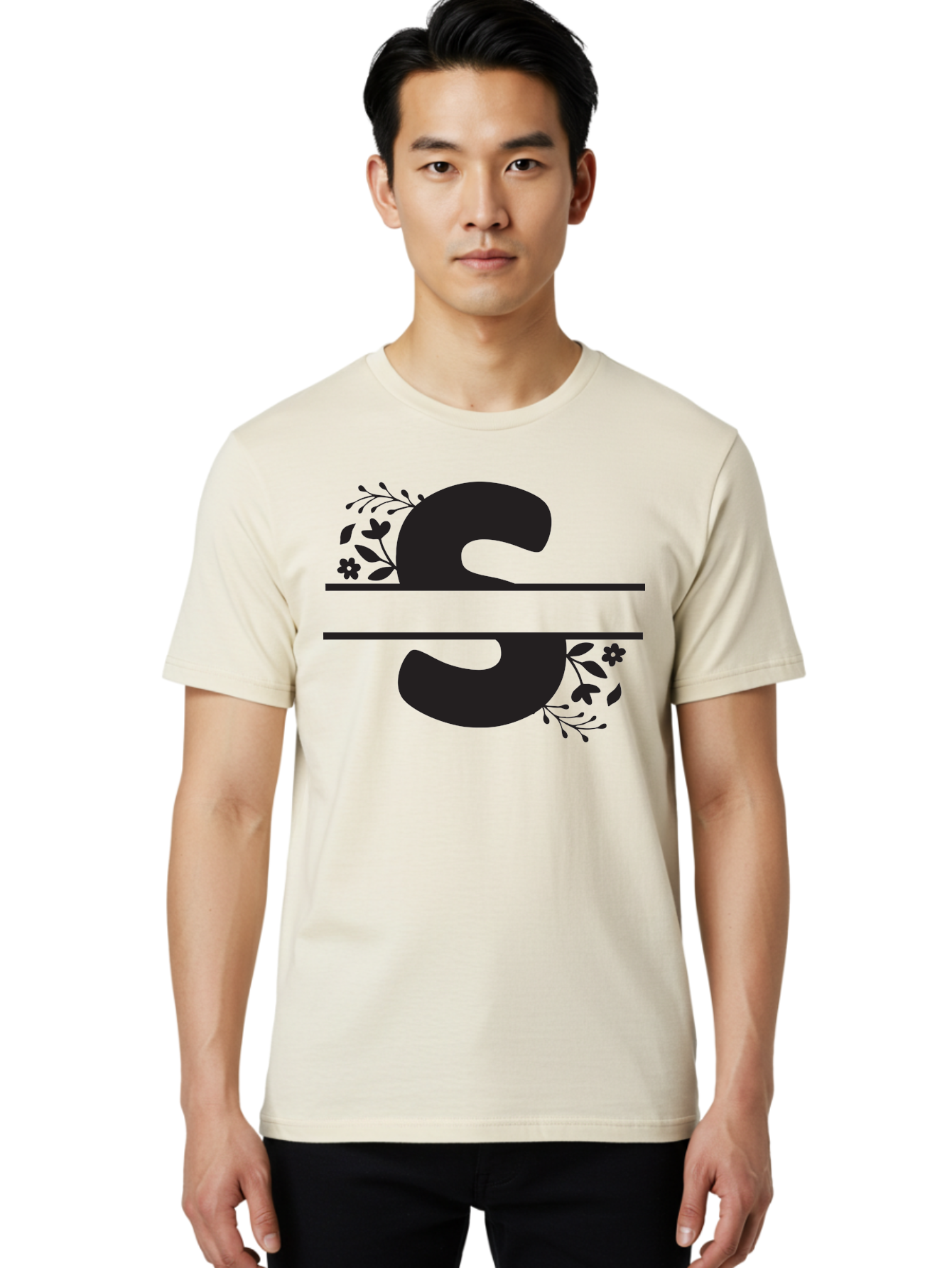 Ss-Floral-Design Men'S Graphic Tee, 100% Cotton, Comfortable Casual Summer Wear, Machine Washable, Floral Design, Double S, Black Letters, Leafy Vines, Flowers, Elegant Typography, Decorative Elements, S Lettering Aad194 22