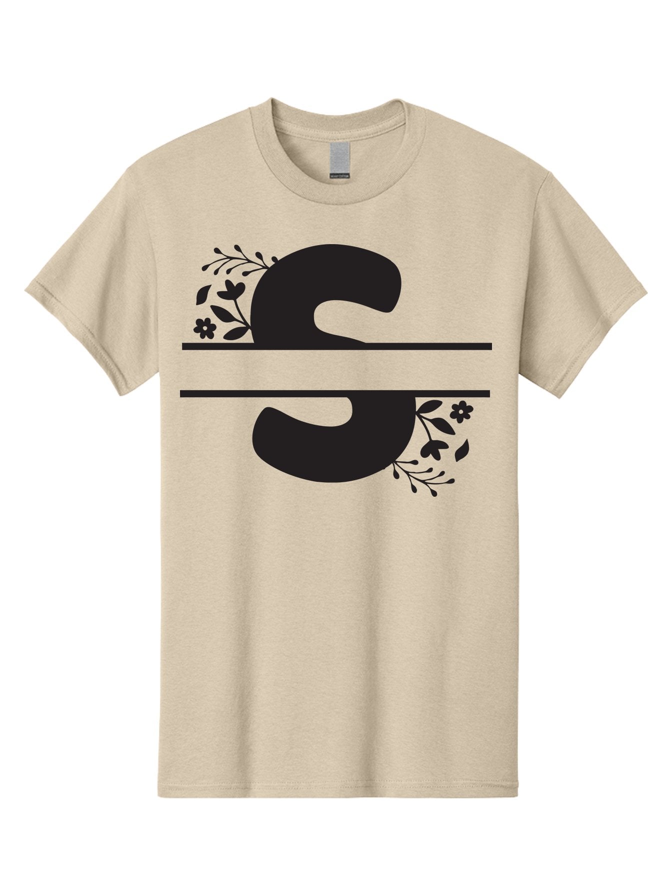 Ss-Floral-Design Men'S Graphic Tee, 100% Cotton, Comfortable Casual Summer Wear, Machine Washable, Floral Design, Double S, Black Letters, Leafy Vines, Flowers, Elegant Typography, Decorative Elements, S Lettering Aad194
