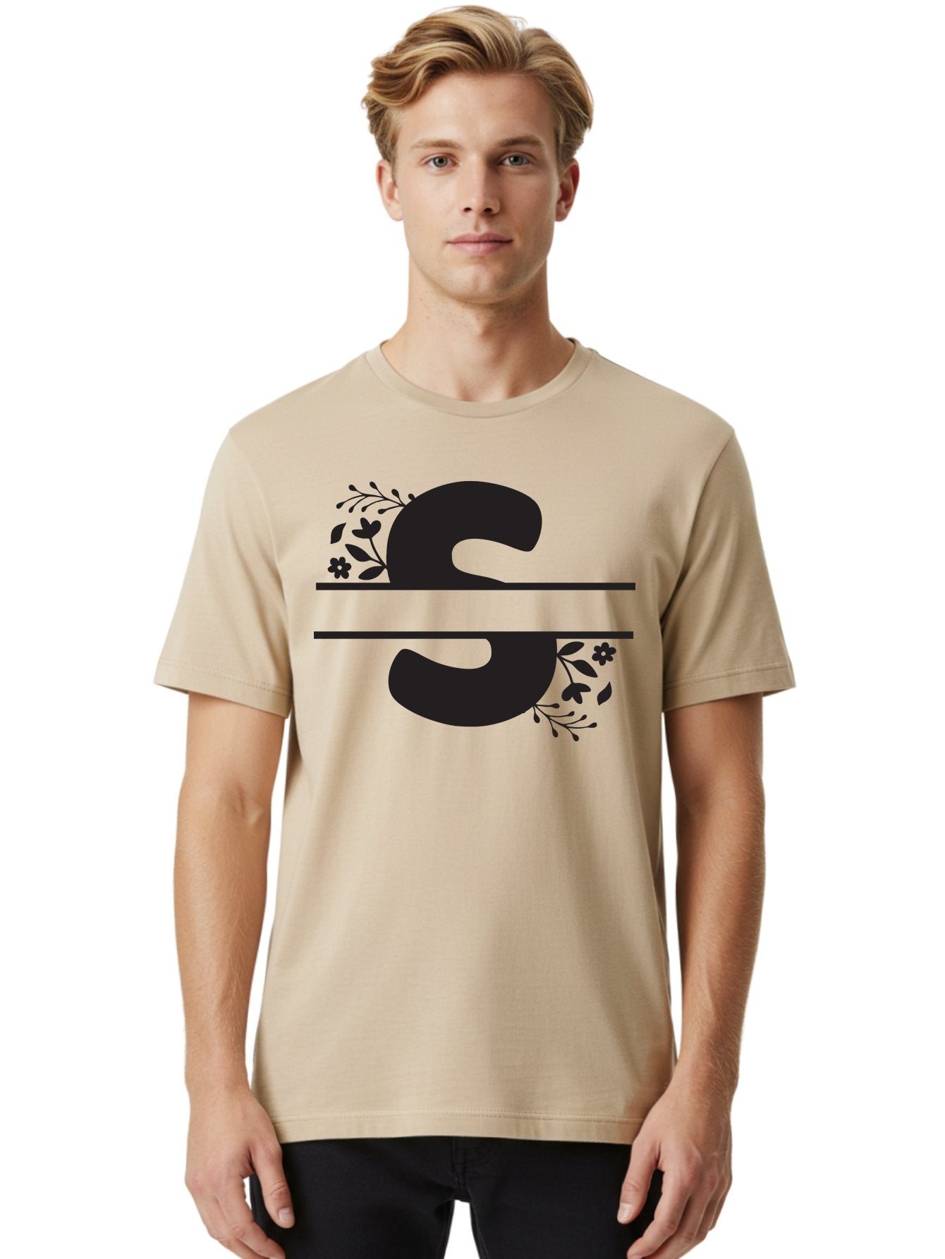 Ss-Floral-Design Men'S Graphic Tee, 100% Cotton, Comfortable Casual Summer Wear, Machine Washable, Floral Design, Double S, Black Letters, Leafy Vines, Flowers, Elegant Typography, Decorative Elements, S Lettering Aad194 21