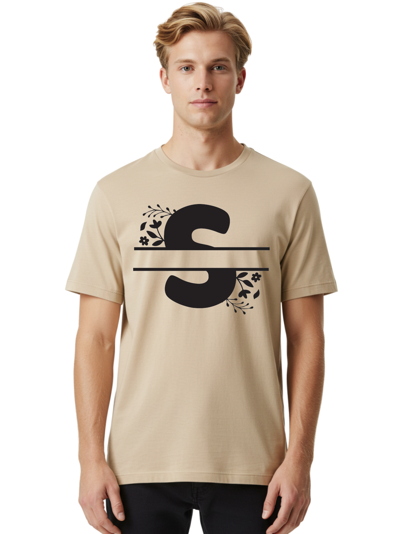 Ss-Floral-Design Men'S Graphic Tee, 100% Cotton, Comfortable Casual Summer Wear, Machine Washable, Floral Design, Double S, Black Letters, Leafy Vines, Flowers, Elegant Typography, Decorative Elements, S Lettering Aad194 20