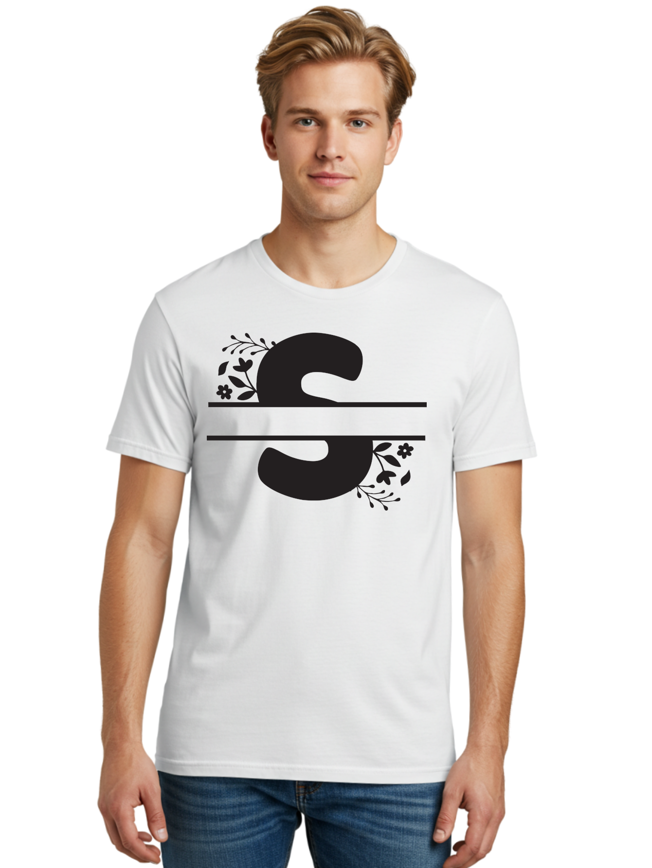 Ss-Floral-Design Men'S Graphic Tee, 100% Cotton, Comfortable Casual Summer Wear, Machine Washable, Floral Design, Double S, Black Letters, Leafy Vines, Flowers, Elegant Typography, Decorative Elements, S Lettering Aad194 4