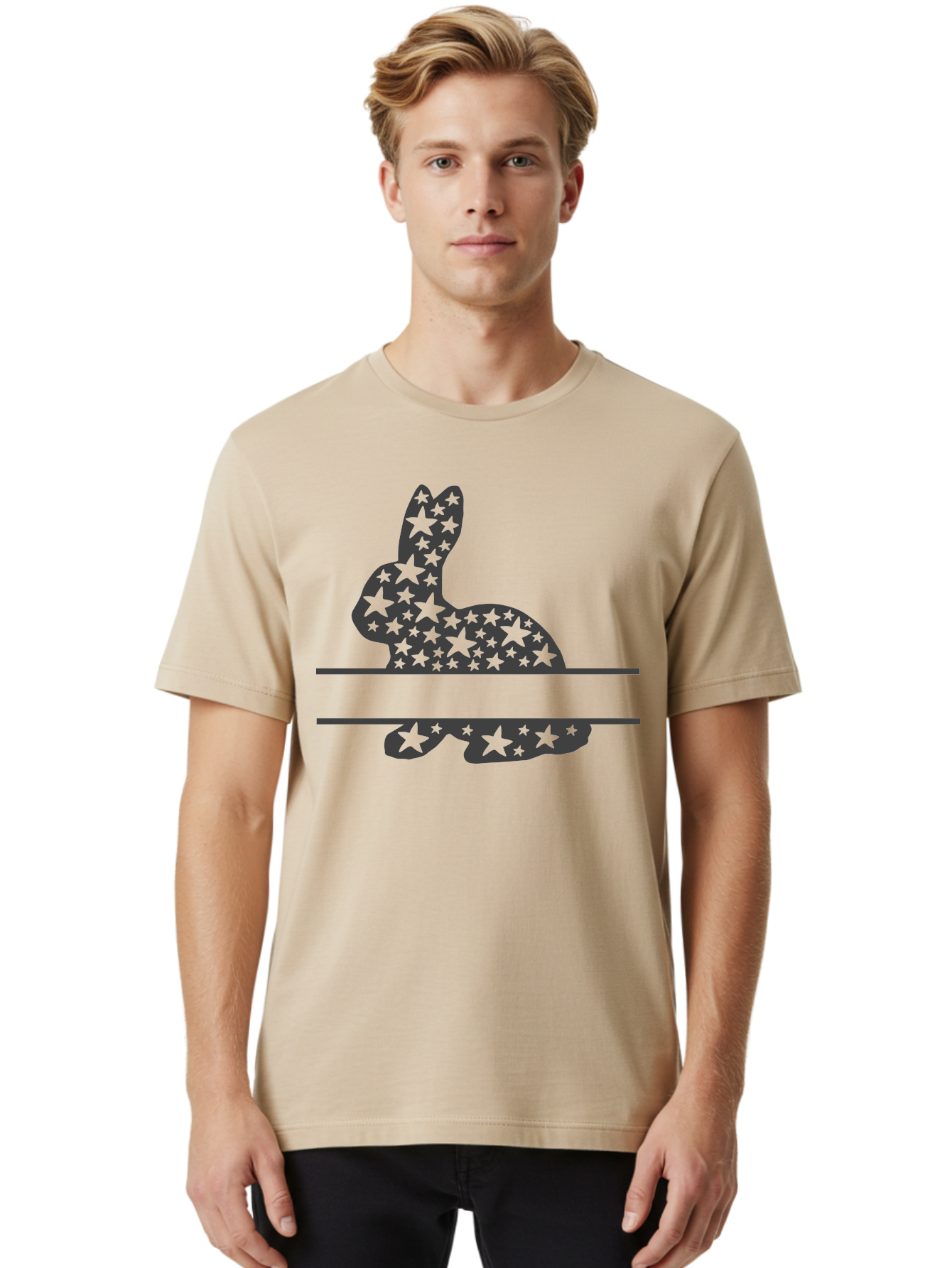 Star-Bunny Men'S Graphic Tee, 100% Cotton, Comfortable Casual Summer Wear, Machine Washable, Rabbit Silhouette, Decorative Stars, Minimalist Design, Modern Art, Artistic Expression, Star Pattern, Cute Rabbit Aad195 10