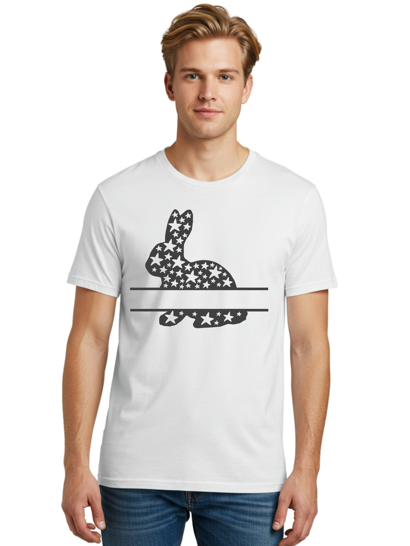 Star-Bunny Men'S Graphic Tee, 100% Cotton, Comfortable Casual Summer Wear, Machine Washable, Rabbit Silhouette, Decorative Stars, Minimalist Design, Modern Art, Artistic Expression, Star Pattern, Cute Rabbit Aad195 8