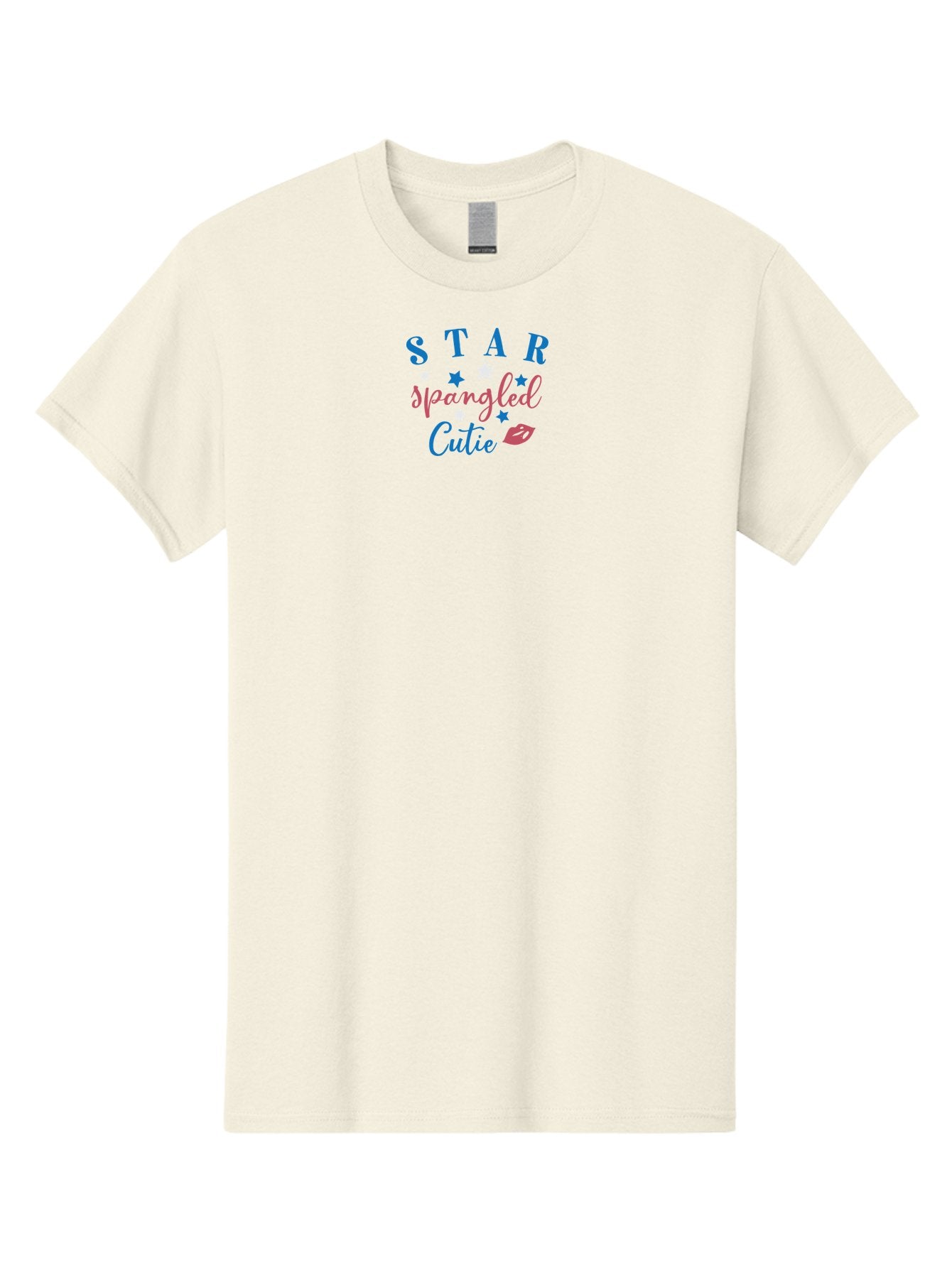 Star-Spangled-Cutie Men'S Graphic Tee, 100% Cotton, Comfortable Casual Summer Wear, Machine Washable, Star Spangled Cutie, Cute Typography, Blue And Pink Text, Pink Lips, Star Graphics, Feminine Design, Playful Font, Whimsical Elements, Aad198 3