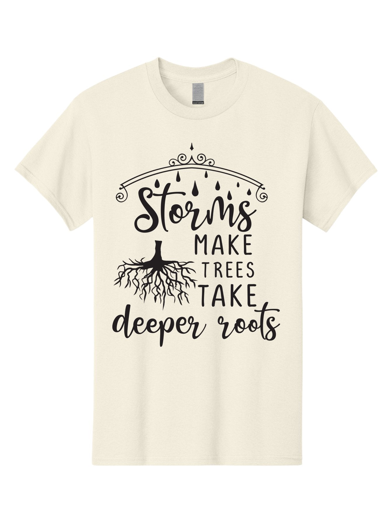 Storms-Make-Trees-Take-Deeper-Roots Men'S Graphic Tee, 100% Cotton, Comfortable Casual Summer Wear, Machine Washable, Inspirational Quote, Tree Roots, Storms, Resilience, Growth, Motivational Words, Nature Theme, Typography Art, Rain Drops, Aad203 8