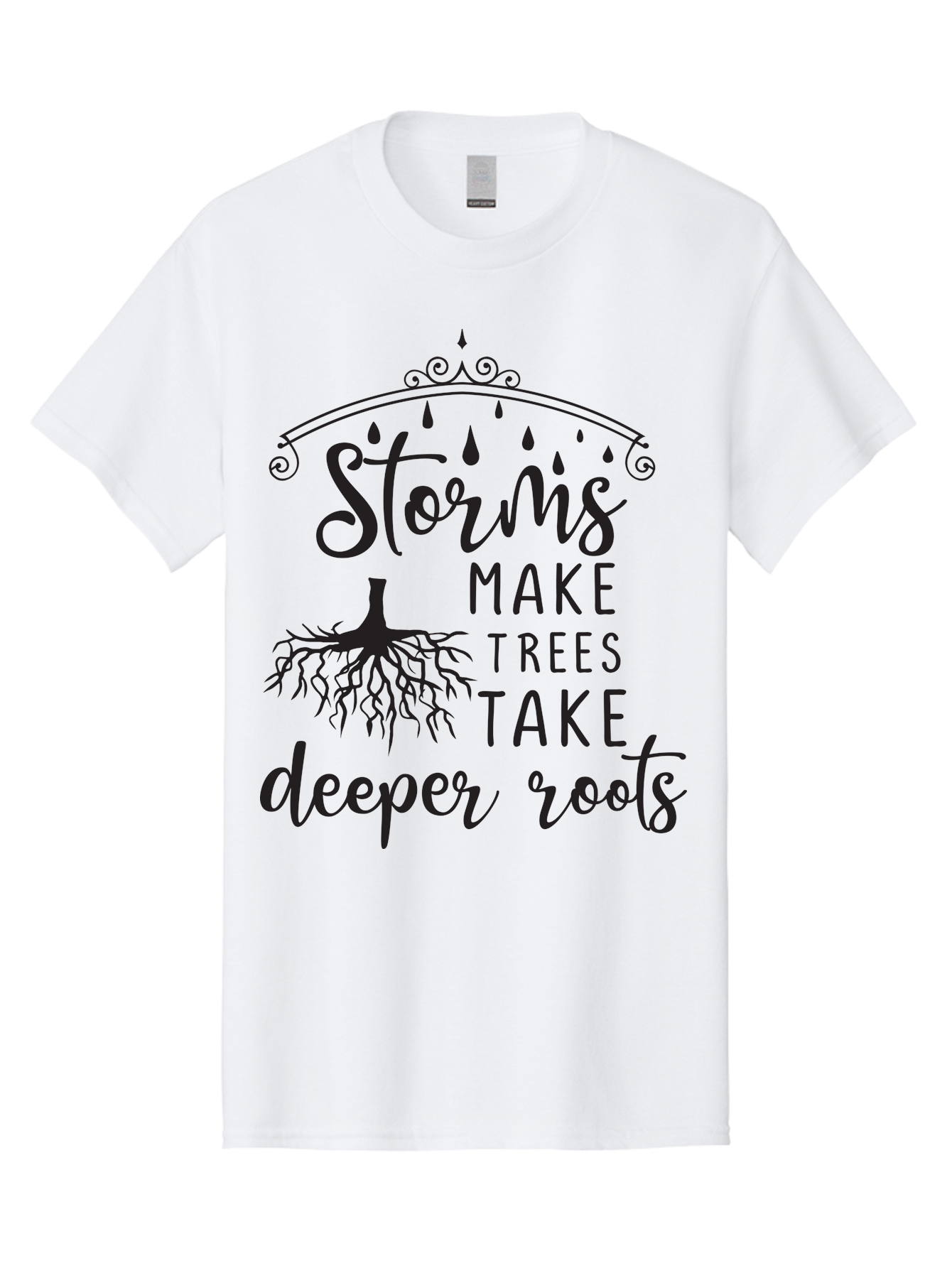 Storms-Make-Trees-Take-Deeper-Roots Men'S Graphic Tee, 100% Cotton, Comfortable Casual Summer Wear, Machine Washable, Inspirational Quote, Tree Roots, Storms, Resilience, Growth, Motivational Words, Nature Theme, Typography Art, Rain Drops, Aad203 29