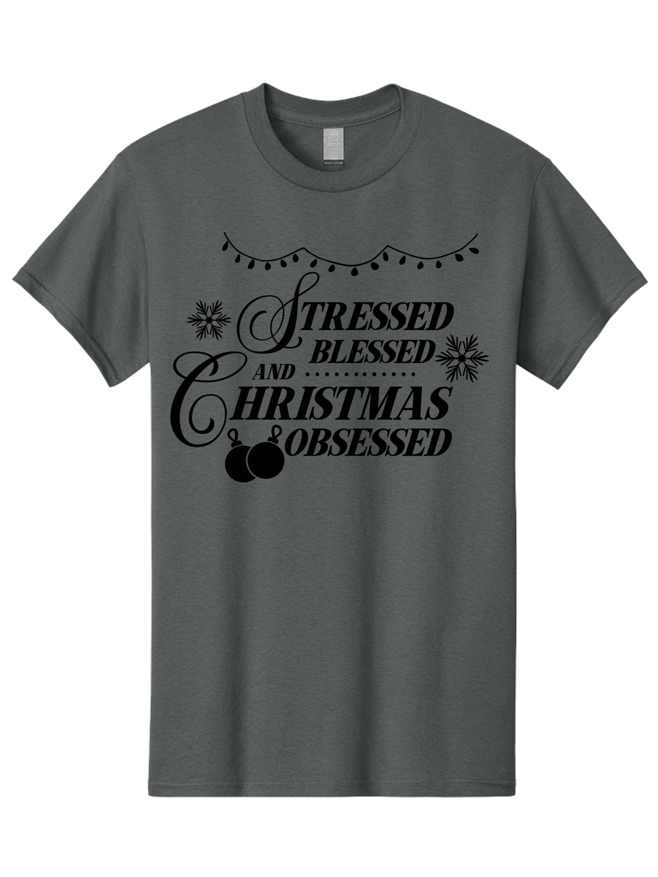 Stressed-Blessed-And-Christmas-Obsessed Men'S Graphic Tee, 100% Cotton, Comfortable Casual Summer Wear, Machine Washable, Christmas Quote, Holiday Phrase, Stressed Blessed And Christmas Obsessed, Festive Decorations, Christmas Ornaments, Aad204