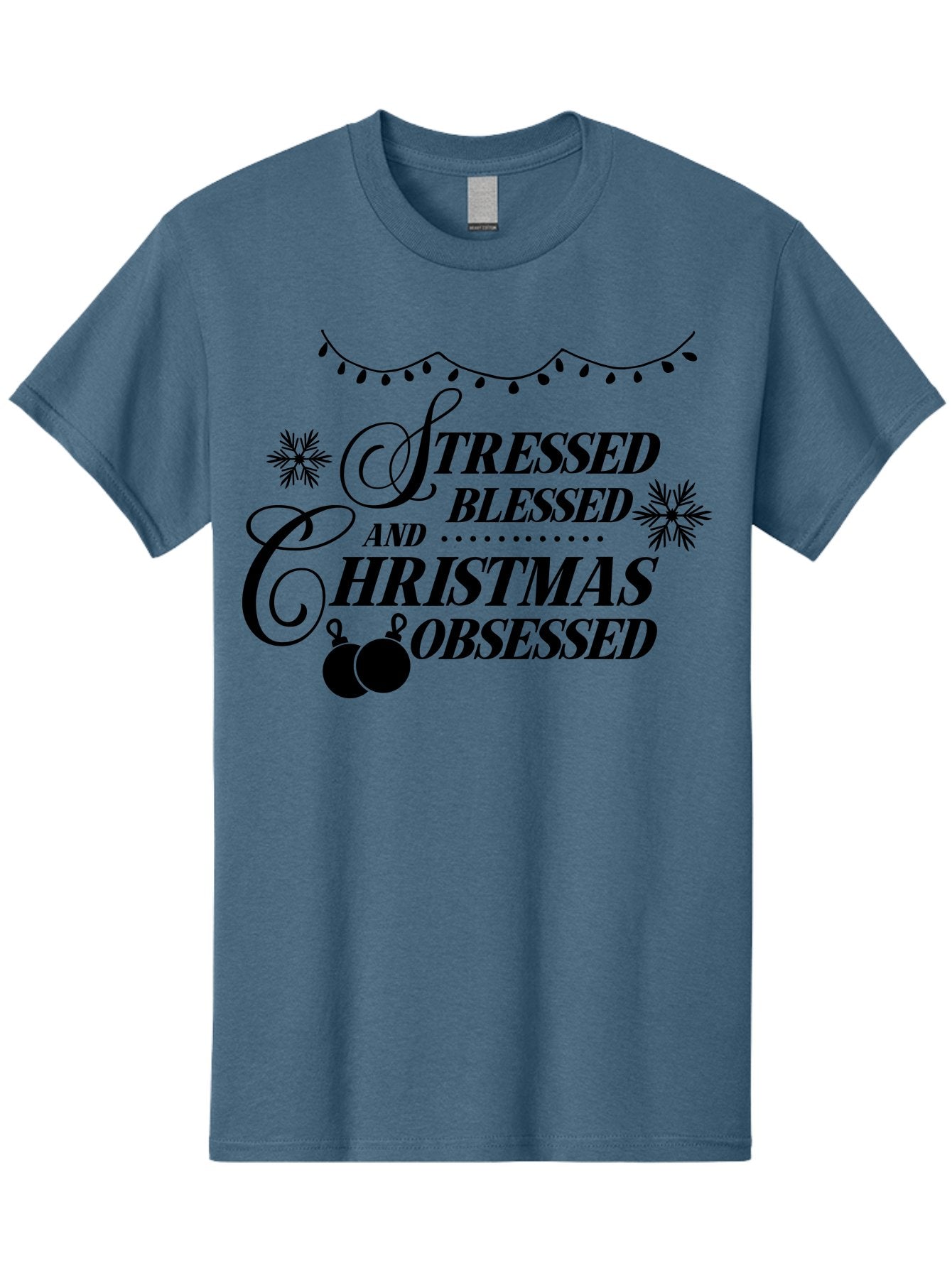 Stressed-Blessed-And-Christmas-Obsessed Men'S Graphic Tee, 100% Cotton, Comfortable Casual Summer Wear, Machine Washable, Christmas Quote, Holiday Phrase, Stressed Blessed And Christmas Obsessed, Festive Decorations, Christmas Ornaments, Aad204 8