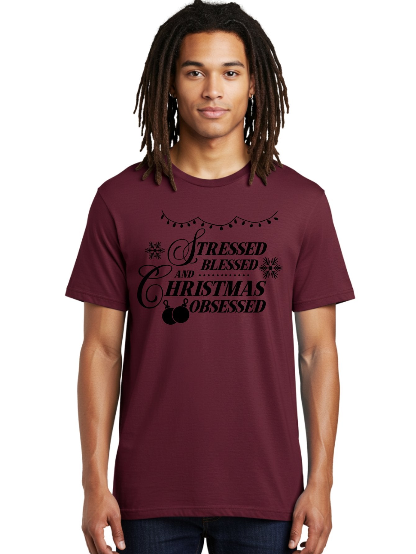 Stressed-Blessed-And-Christmas-Obsessed Men'S Graphic Tee, 100% Cotton, Comfortable Casual Summer Wear, Machine Washable, Christmas Quote, Holiday Phrase, Stressed Blessed And Christmas Obsessed, Festive Decorations, Christmas Ornaments, Aad204 16