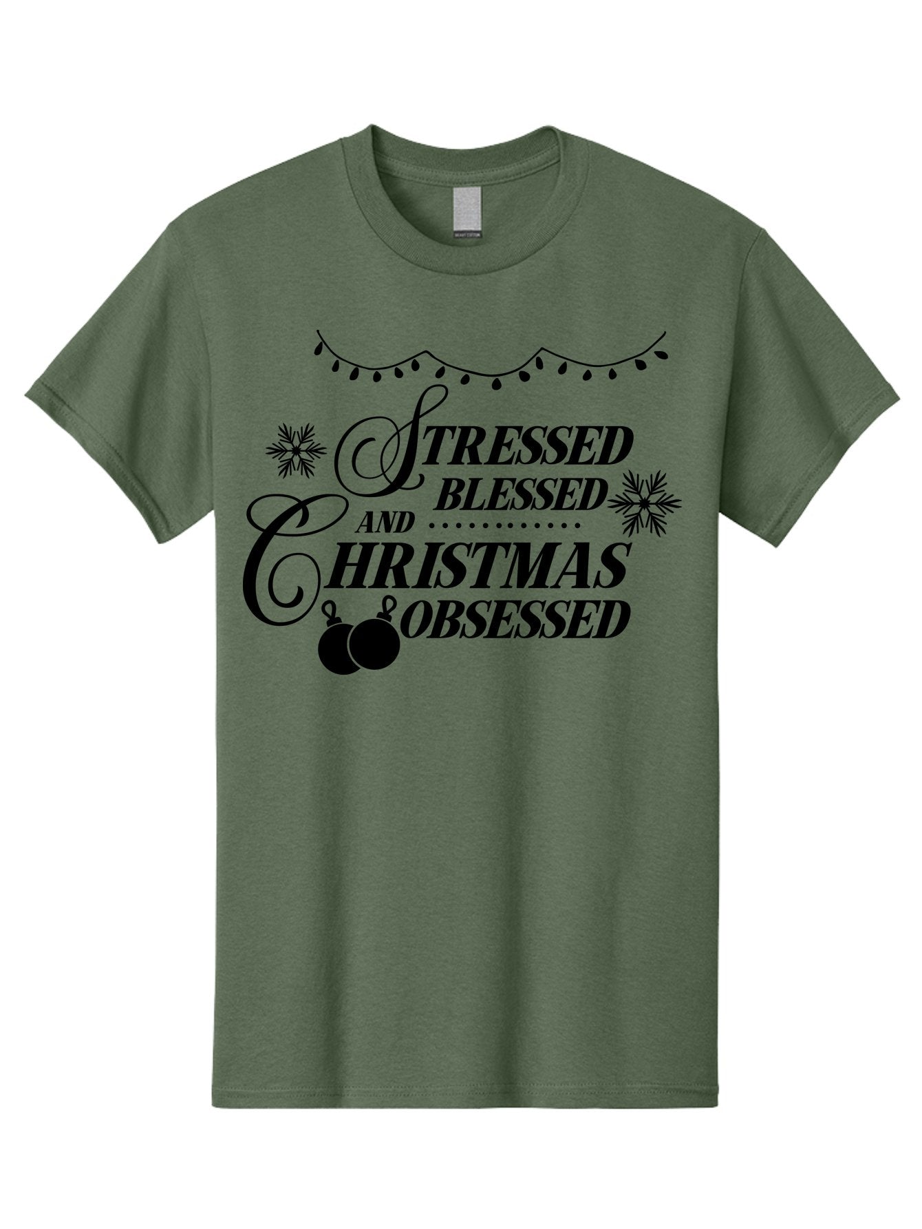 Stressed-Blessed-And-Christmas-Obsessed Men'S Graphic Tee, 100% Cotton, Comfortable Casual Summer Wear, Machine Washable, Christmas Quote, Holiday Phrase, Stressed Blessed And Christmas Obsessed, Festive Decorations, Christmas Ornaments, Aad204
