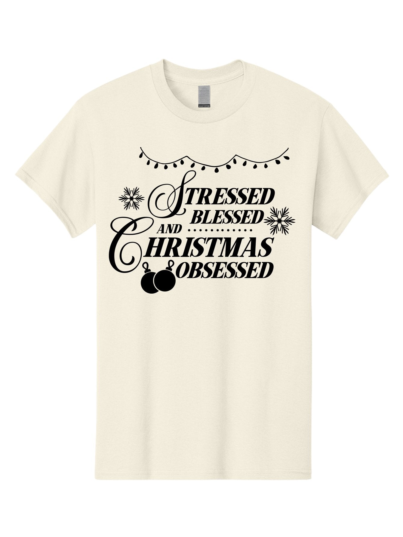 Stressed-Blessed-And-Christmas-Obsessed Men'S Graphic Tee, 100% Cotton, Comfortable Casual Summer Wear, Machine Washable, Christmas Quote, Holiday Phrase, Stressed Blessed And Christmas Obsessed, Festive Decorations, Christmas Ornaments, Aad204 5