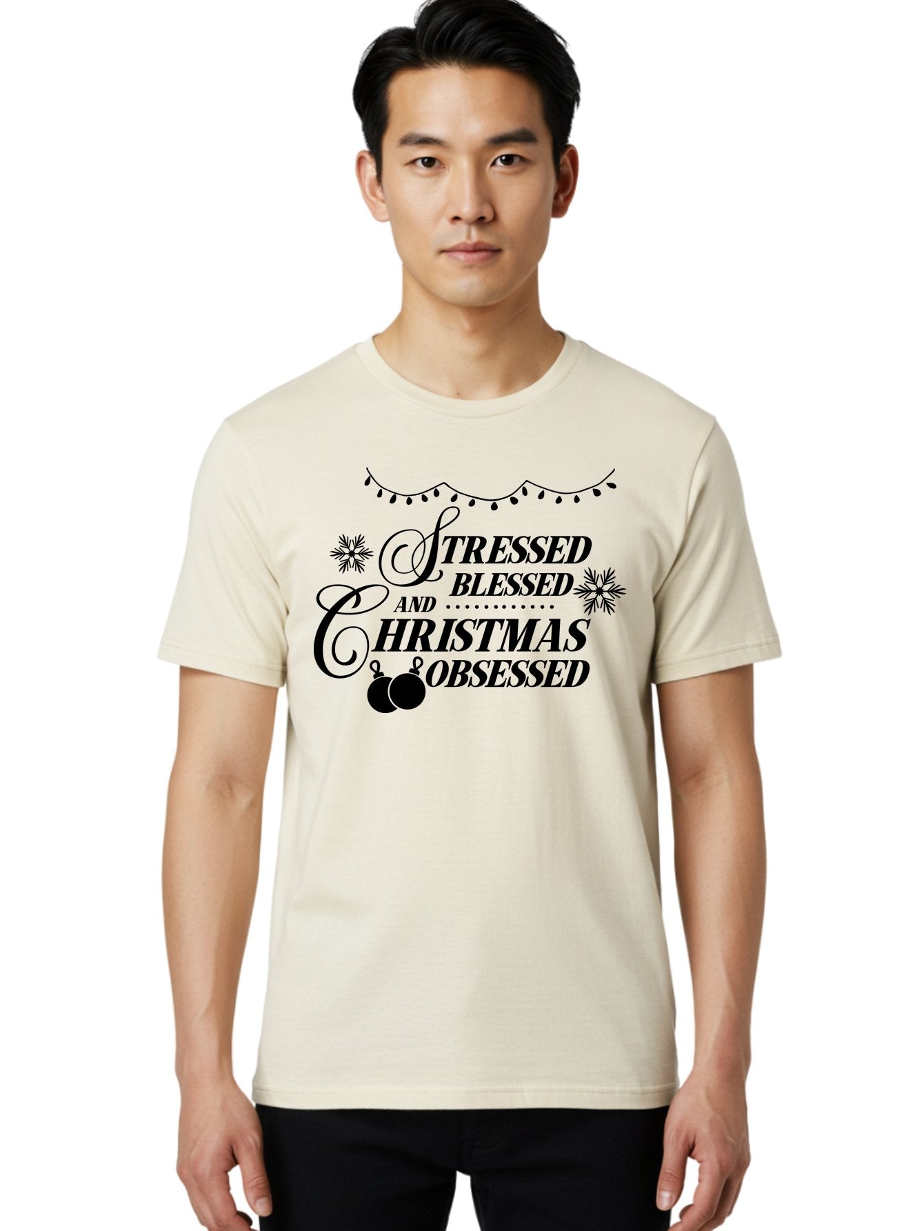 Stressed-Blessed-And-Christmas-Obsessed Men'S Graphic Tee, 100% Cotton, Comfortable Casual Summer Wear, Machine Washable, Christmas Quote, Holiday Phrase, Stressed Blessed And Christmas Obsessed, Festive Decorations, Christmas Ornaments, Aad204 23