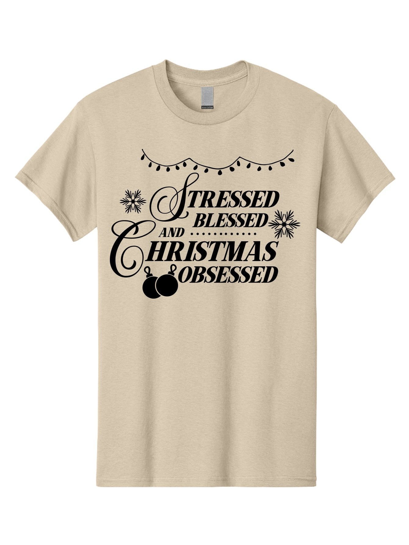 Stressed-Blessed-And-Christmas-Obsessed Men'S Graphic Tee, 100% Cotton, Comfortable Casual Summer Wear, Machine Washable, Christmas Quote, Holiday Phrase, Stressed Blessed And Christmas Obsessed, Festive Decorations, Christmas Ornaments, Aad204 9