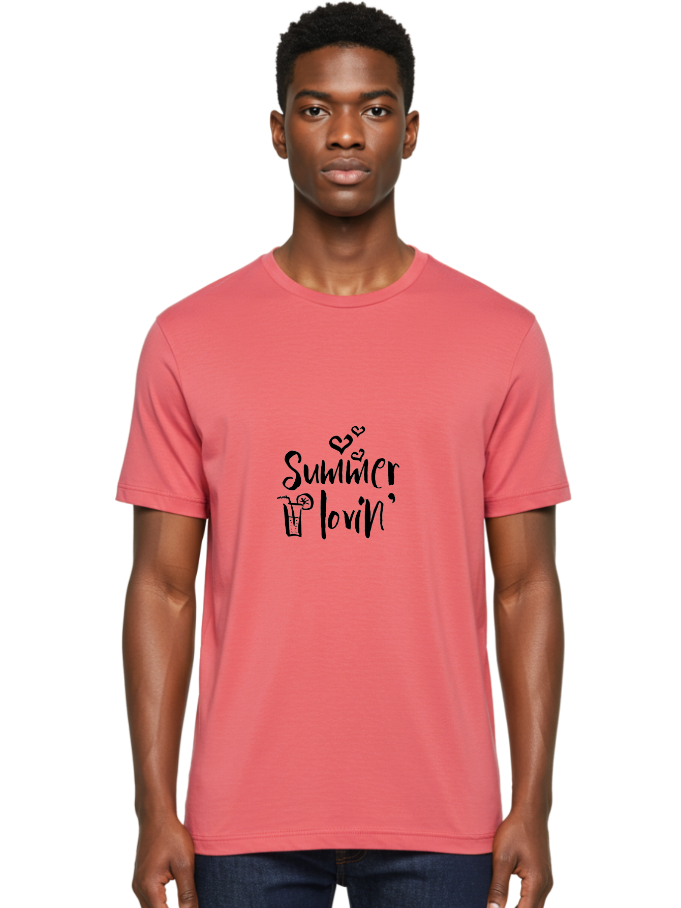 Summer-Lovin Men'S Graphic Tee, 100% Cotton, Comfortable Casual Summer Wear, Machine Washable, Summer Vibes, Refreshing Drink, Cocktail Glass, Lime Slice, Straw, Heart Icons, Summer Love, Summer Fun, Trendy Typography, Handwritten Font Aad207
