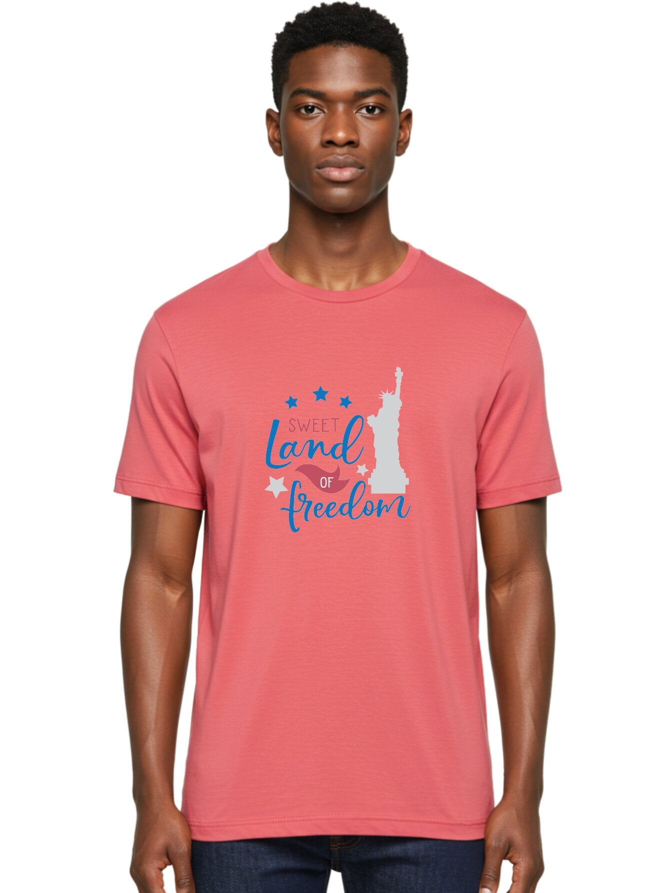 Sweet-Land-Of-Freedom Men'S Graphic Tee, 100% Cotton, Comfortable Casual Summer Wear, Machine Washable, Statue Of Liberty, Stars, Liberty Symbol, Usa, Statue Of Liberty, Freedom, 'Sweet Land Of Freedom', Patriotic Design, Inspirational Quote Aad216 30
