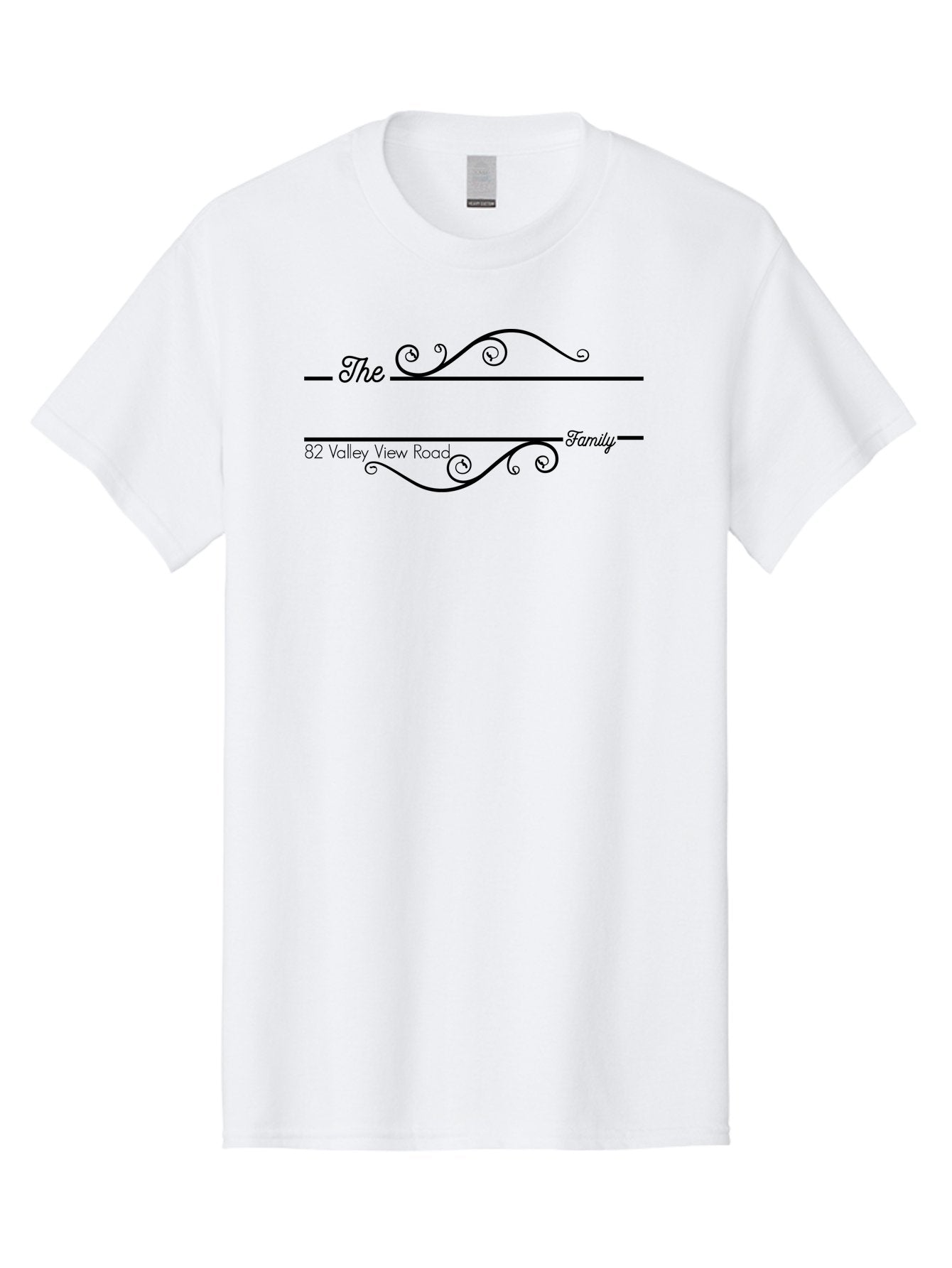 The-Family Men'S Graphic Tee, 100% Cotton, Comfortable Casual Summer Wear, Machine Washable, Custom Address Label, Personalized Stationery, Elegant Font, Decorative Swirls, Calligraphy Style, Formal Design, Family Name, Address Label, Aad233 11