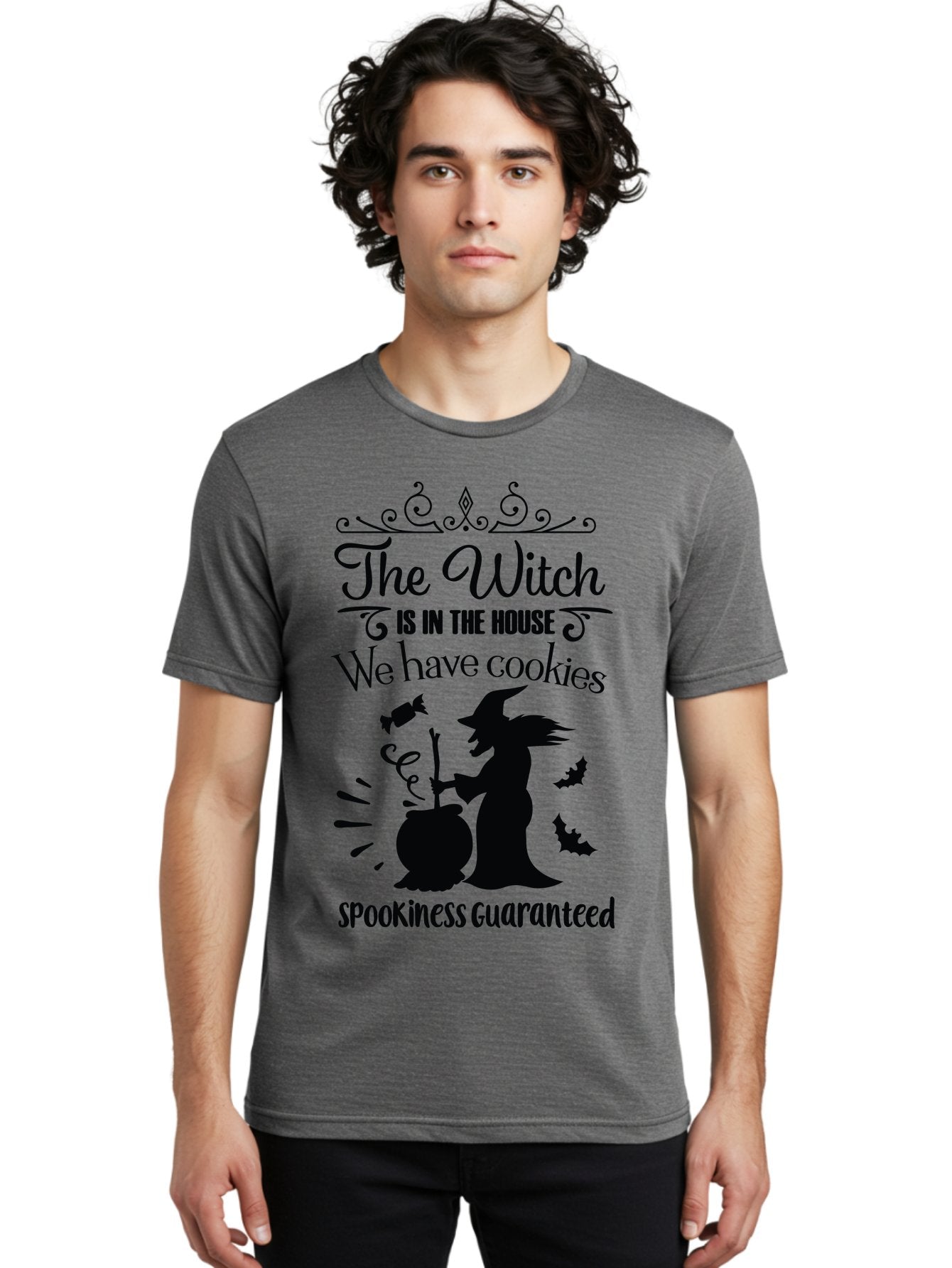 The-Witch-Is-In-The-House-We-Have-Cookies Men'S Graphic Tee, 100% Cotton, Comfortable Casual Summer Wear, Machine Washable, Halloween Witch, Witch Silhouette, Witch'S Cauldron, Halloween Treats, Spooky Decorations, Halloween Cookies, Aad239 22