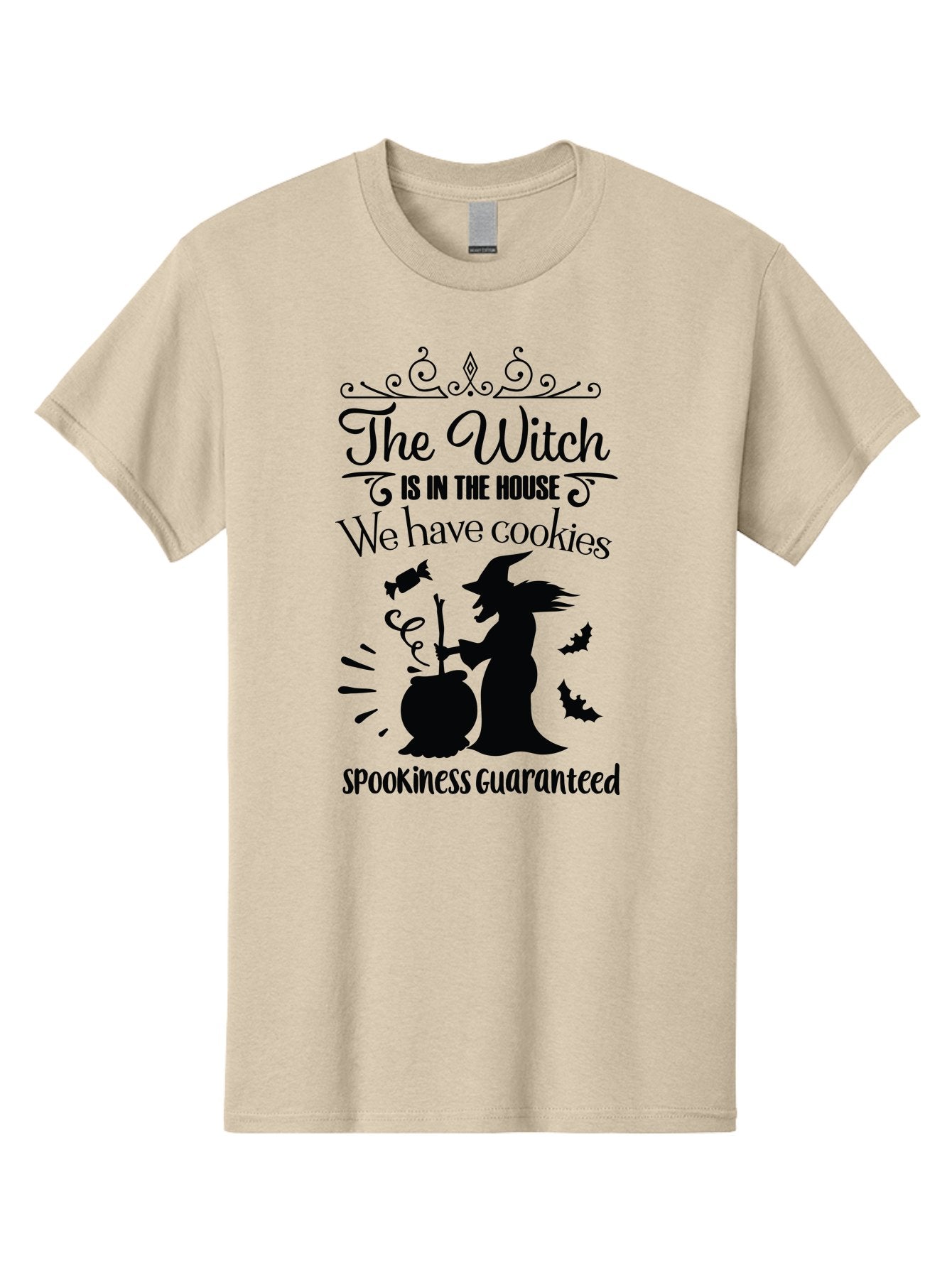 The-Witch-Is-In-The-House-We-Have-Cookies Men'S Graphic Tee, 100% Cotton, Comfortable Casual Summer Wear, Machine Washable, Halloween Witch, Witch Silhouette, Witch'S Cauldron, Halloween Treats, Spooky Decorations, Halloween Cookies, Aad239 4