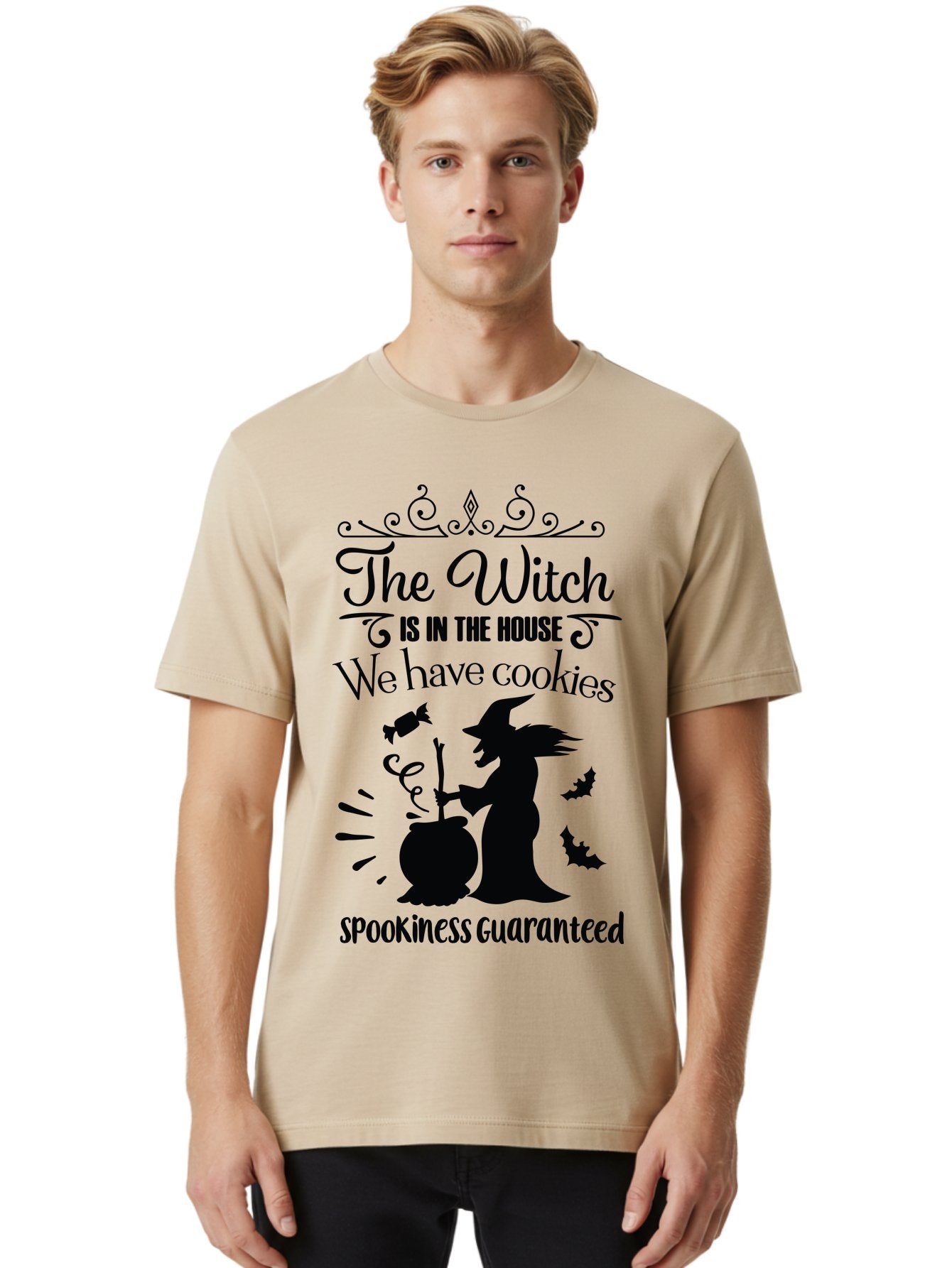 The-Witch-Is-In-The-House-We-Have-Cookies Men'S Graphic Tee, 100% Cotton, Comfortable Casual Summer Wear, Machine Washable, Halloween Witch, Witch Silhouette, Witch'S Cauldron, Halloween Treats, Spooky Decorations, Halloween Cookies, Aad239 18