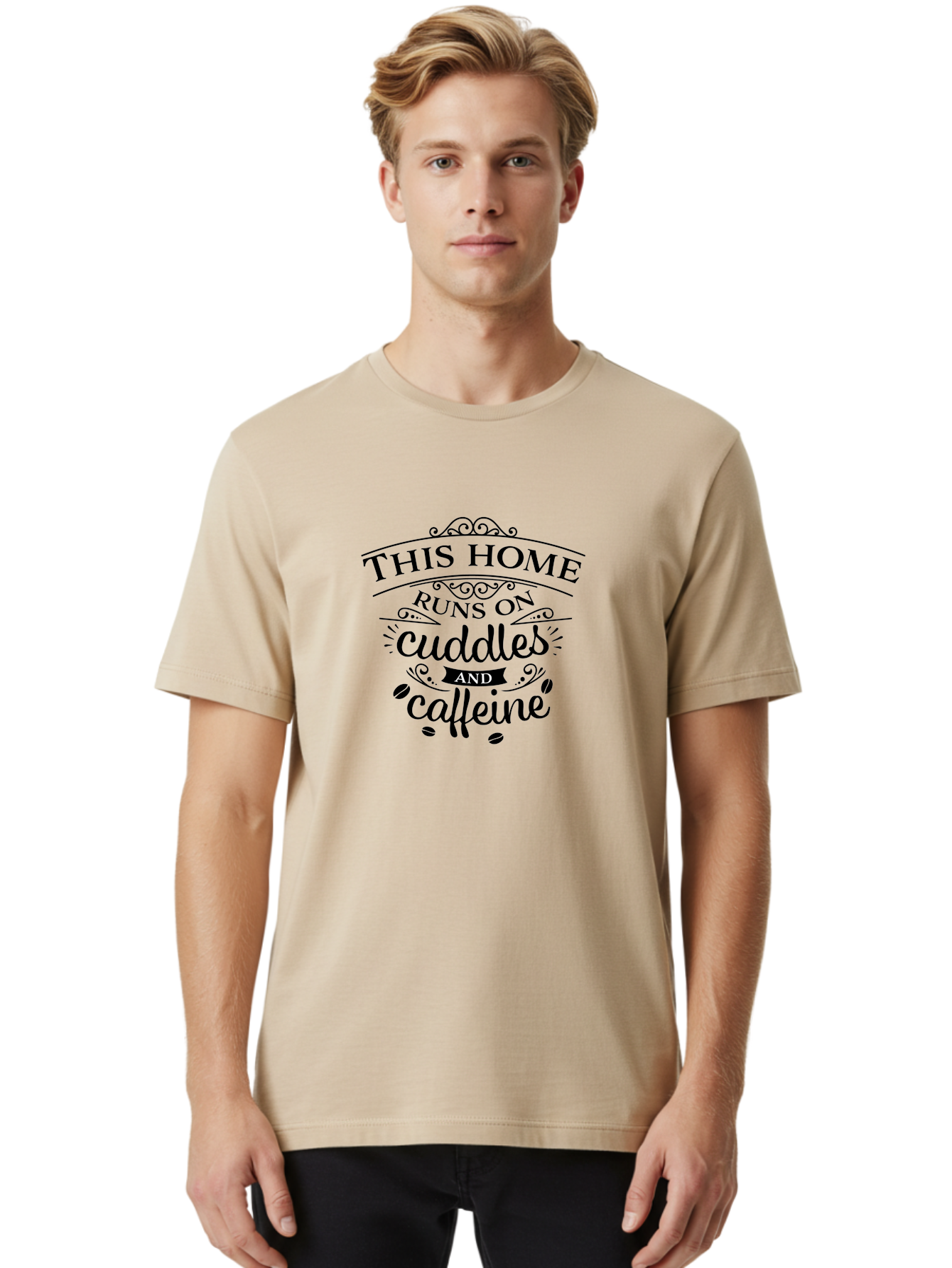 This-Home-Runs-On-Cuddles-And-Caffeine Men'S Graphic Tee, 100% Cotton, Comfortable Casual Summer Wear, Machine Washable, Funny Quote, Cuddles And Caffeine, Home Decor, Humorous Sayings, Coffee Lover Gift, Family Quote, Cozy Home Vibes, Aad244