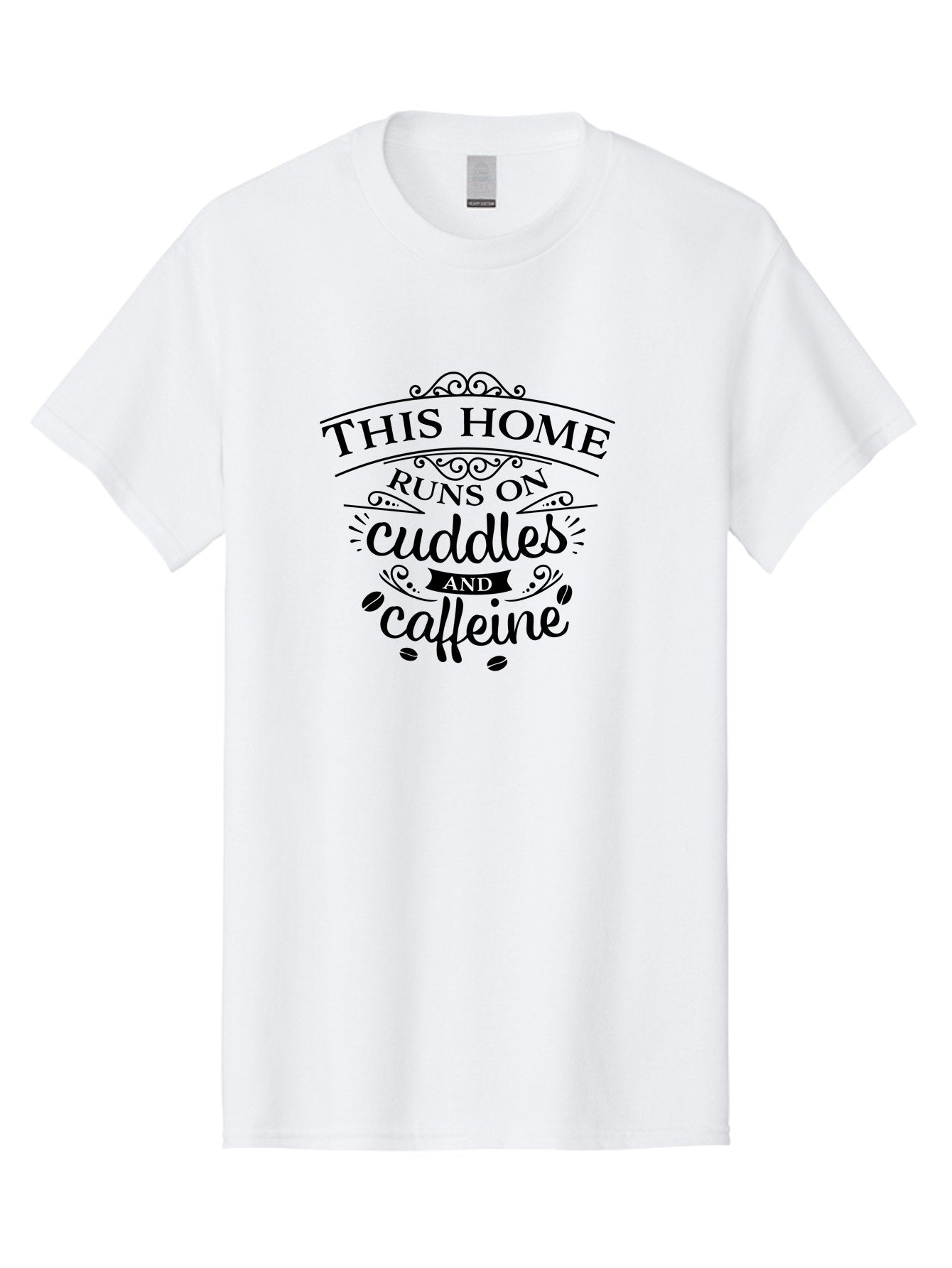 This-Home-Runs-On-Cuddles-And-Caffeine Men'S Graphic Tee, 100% Cotton, Comfortable Casual Summer Wear, Machine Washable, Funny Quote, Cuddles And Caffeine, Home Decor, Humorous Sayings, Coffee Lover Gift, Family Quote, Cozy Home Vibes, Aad244