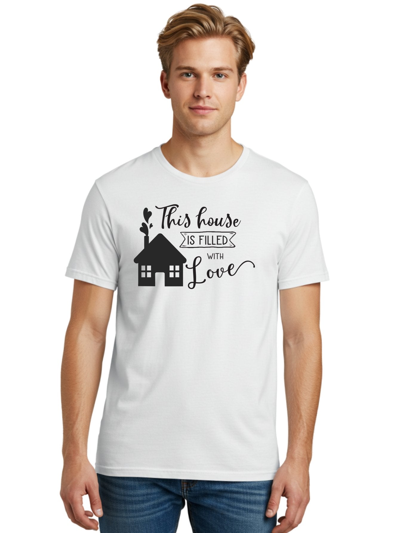 This-House-Is-Filled-With-Love Men'S Graphic Tee, 100% Cotton, Comfortable Casual Summer Wear, Machine Washable, Love-Filled Home, Family Values, Home Sweet Home, Heartwarming Quotes, Cozy Atmosphere, Loving Sentiment, Home Decor Inspiration Aad245 30
