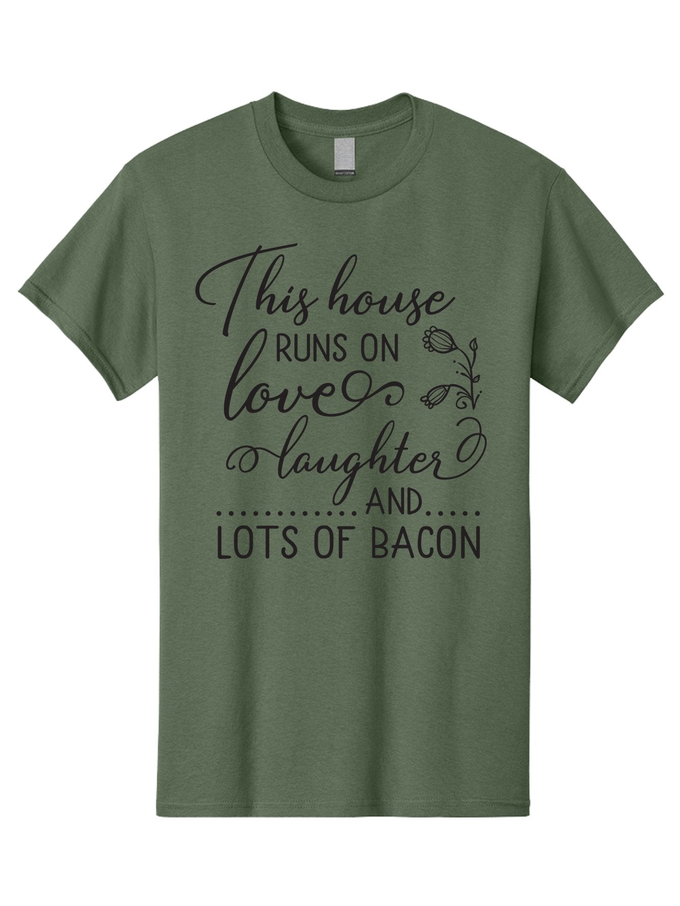 This-House-Runs-On-Love-Laughter-And-Lots-Of-Bacon Men'S Graphic Tee, 100% Cotton, Comfortable Casual Summer Wear, Machine Washable, Funny Quote, Humor, Kitchen Decor, Love, Laughter, Bacon, Quote, Home Decor, Kitchen Wall Art, Quirky, Foodie, Aad246 14
