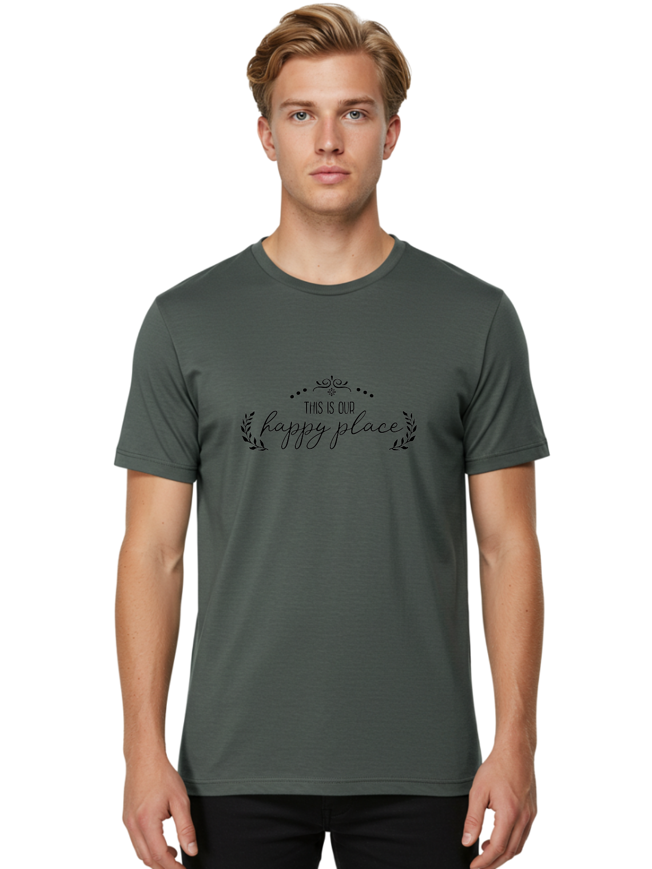 This-Is-Our-Happy-Place Men'S Graphic Tee, 100% Cotton, Comfortable Casual Summer Wear, Machine Washable, Happy Place, Positive Vibes, Inspiring Quote, Motivational Words, Floral Wreath, Decorative Design, Harmony, Happiness, Aad248 4