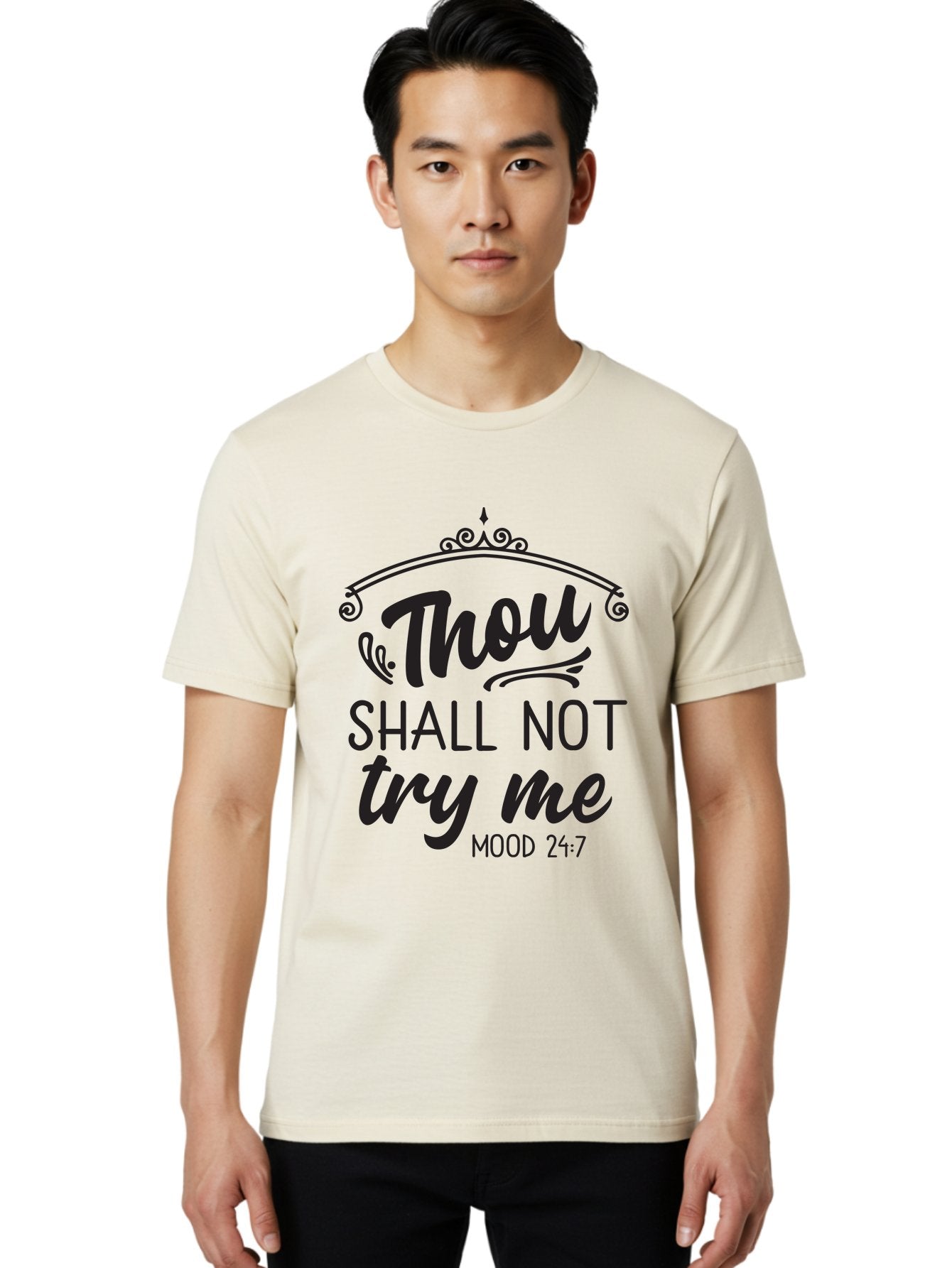 Thou-Shall-Not-Try-Me Men'S Graphic Tee, 100% Cotton, Comfortable Casual Summer Wear, Machine Washable, Inspirational Quote, Motivational Phrase, Black Text, Decorative Typography, Funny Saying, Humorous Design, Unique Phrase, Quirky Humor Aad250 27