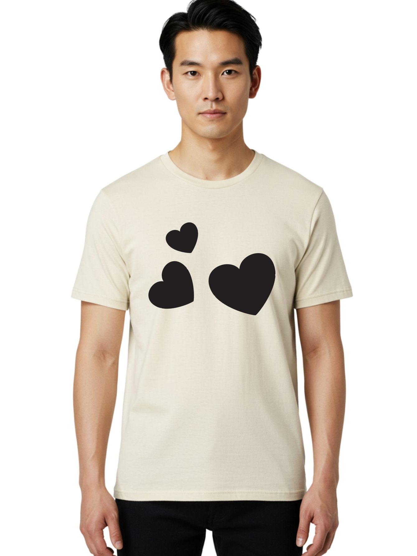 Three-Black-Hearts Men'S Graphic Tee, 100% Cotton, Comfortable Casual Summer Wear, Machine Washable, Love Symbols, Heart Icons, Minimalist Design, Simple Shapes, Black Silhouettes, Romance, Love Hearts, Heart Shapes Aad251 24