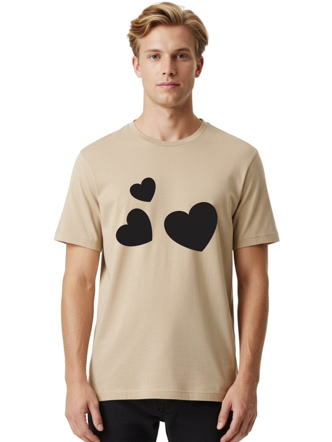 Three-Black-Hearts Men'S Graphic Tee, 100% Cotton, Comfortable Casual Summer Wear, Machine Washable, Love Symbols, Heart Icons, Minimalist Design, Simple Shapes, Black Silhouettes, Romance, Love Hearts, Heart Shapes Aad251 30