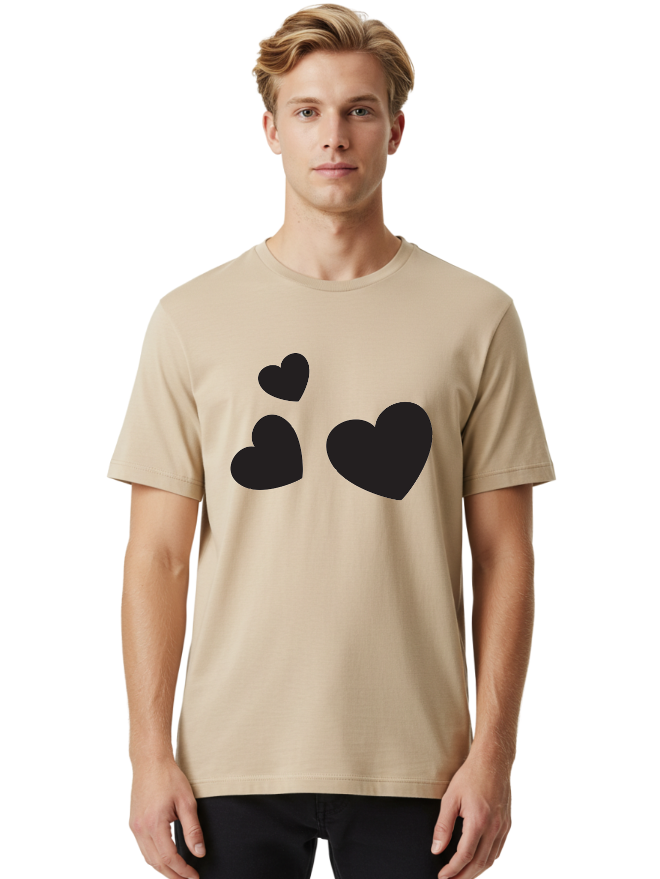 Three-Black-Hearts Men'S Graphic Tee, 100% Cotton, Comfortable Casual Summer Wear, Machine Washable, Love Symbols, Heart Icons, Minimalist Design, Simple Shapes, Black Silhouettes, Romance, Love Hearts, Heart Shapes Aad251