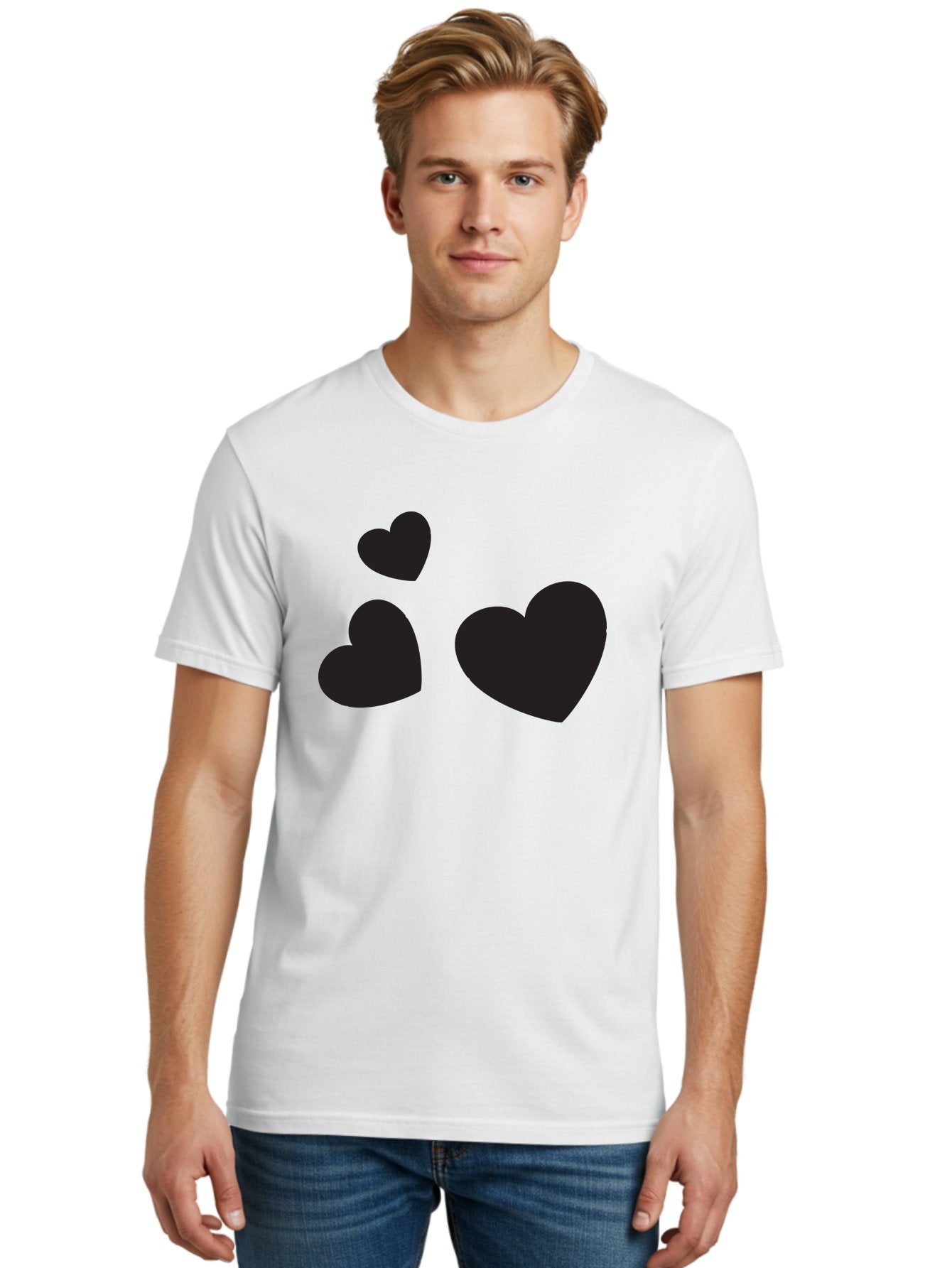 Three-Black-Hearts Men'S Graphic Tee, 100% Cotton, Comfortable Casual Summer Wear, Machine Washable, Love Symbols, Heart Icons, Minimalist Design, Simple Shapes, Black Silhouettes, Romance, Love Hearts, Heart Shapes Aad251 22