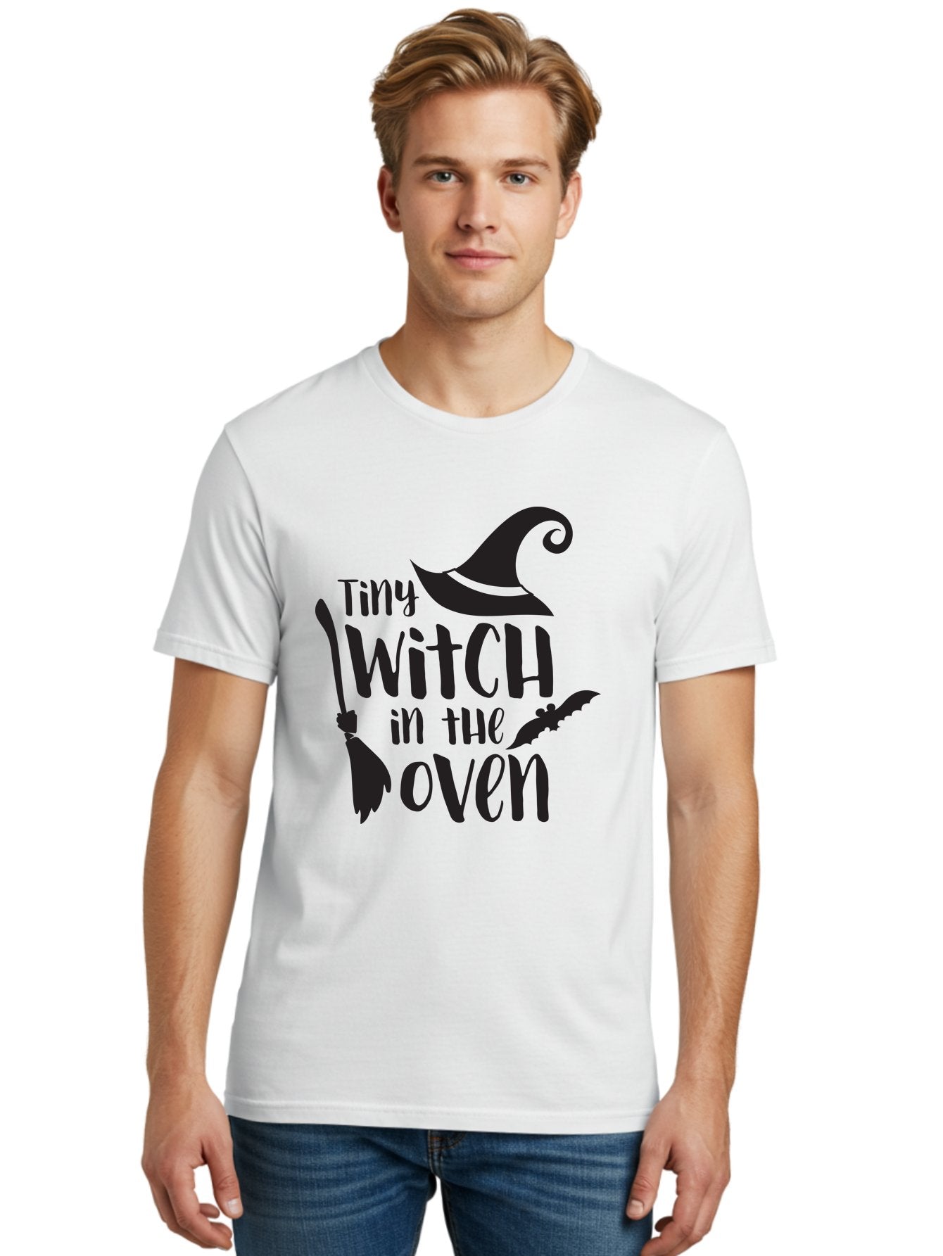 Tiny-Witch-In-The-Oven Men'S Graphic Tee, 100% Cotton, Comfortable Casual Summer Wear, Machine Washable, Halloween Quote, Funny Pregnancy Announcement, Tiny Witch, Broomstick, Witch Hat, Bats, Pregnancy Reveal, Halloween Pregnancy, Aad258 29