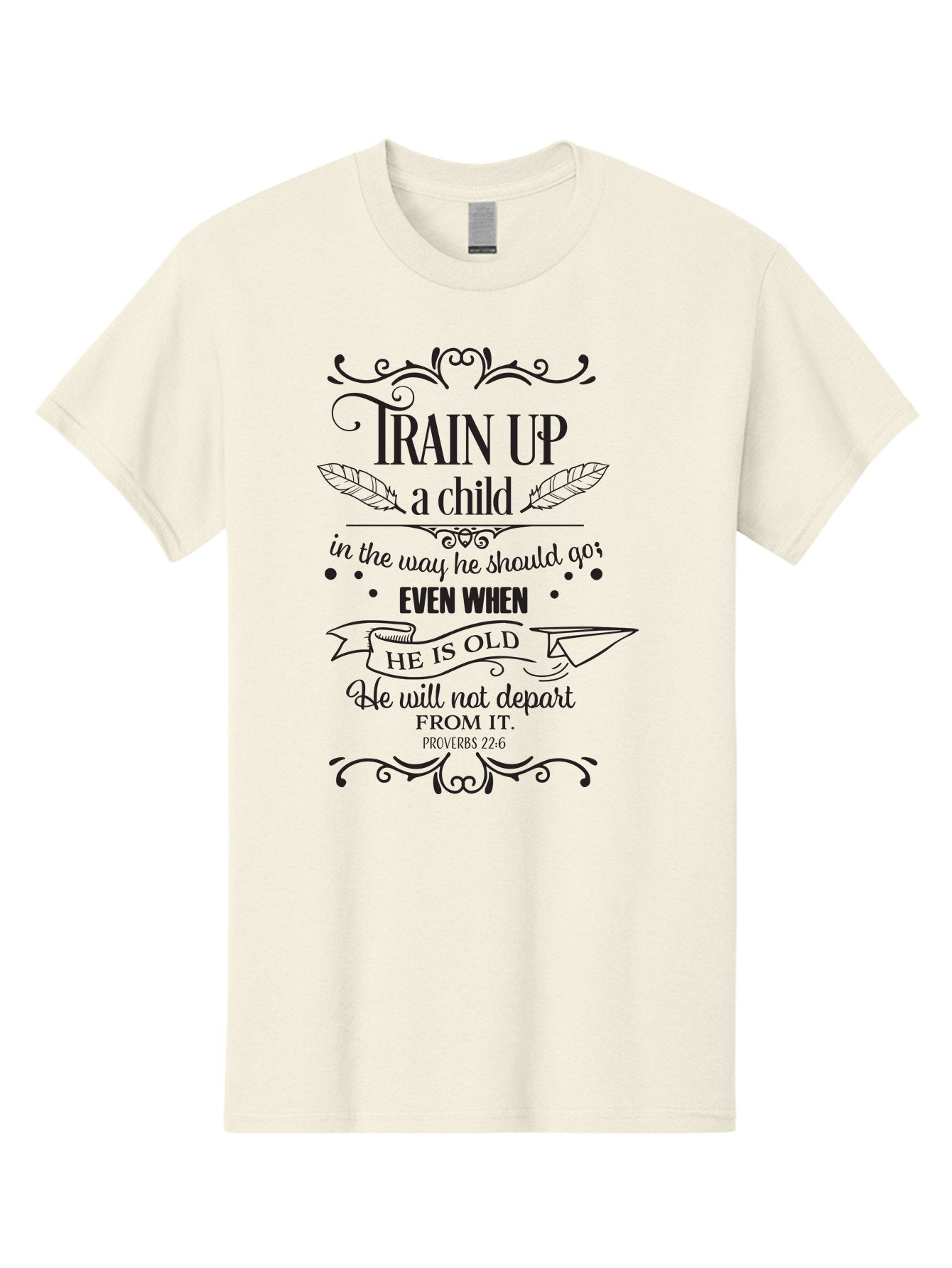 Train-Up-A-Child Men'S Graphic Tee, 100% Cotton, Comfortable Casual Summer Wear, Machine Washable, Inspirational Quote, Biblical Verse, Proverbs 22:6, Parenting Advice, Child Upbringing, Scripture Art, Typographic Design, Feather Graphics, Aad268 5