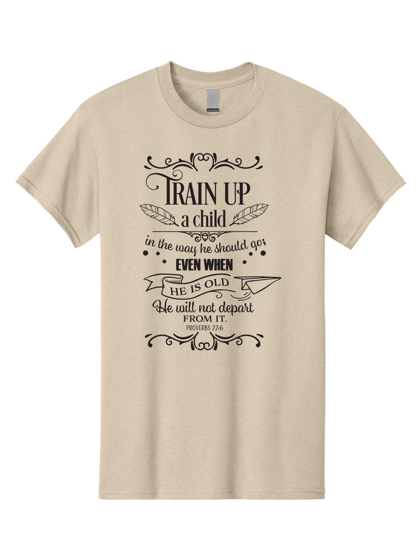 Train-Up-A-Child Men'S Graphic Tee, 100% Cotton, Comfortable Casual Summer Wear, Machine Washable, Inspirational Quote, Biblical Verse, Proverbs 22:6, Parenting Advice, Child Upbringing, Scripture Art, Typographic Design, Feather Graphics, Aad268 11