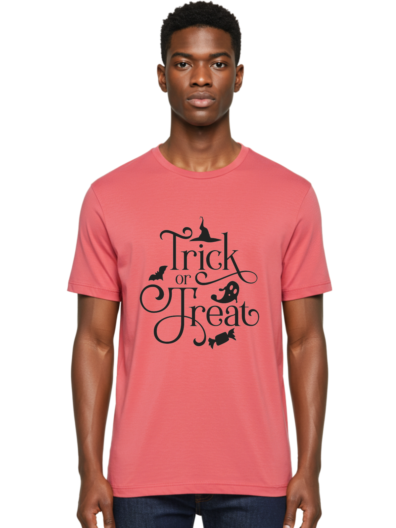 Trick-Or-Treat Men'S Graphic Tee, 100% Cotton, Comfortable Casual Summer Wear, Machine Washable, Halloween Greeting, Trick Or Treat, Black Silhouettes, Witch Hat, Flying Bat, Candy, Spooky Decorations, Halloween Theme, Festive Decor Aad270 30