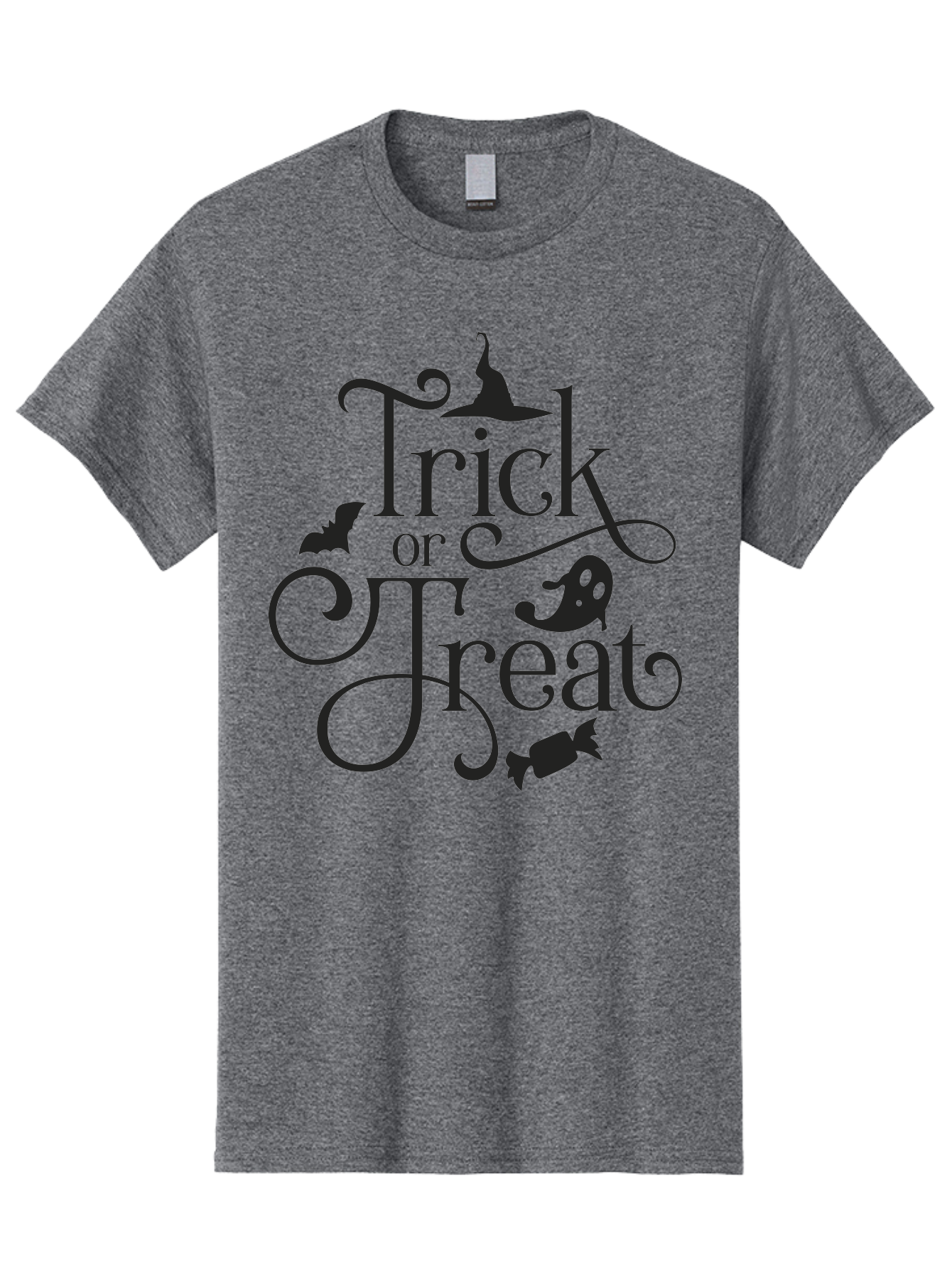 Trick-Or-Treat Men'S Graphic Tee, 100% Cotton, Comfortable Casual Summer Wear, Machine Washable, Halloween Greeting, Trick Or Treat, Black Silhouettes, Witch Hat, Flying Bat, Candy, Spooky Decorations, Halloween Theme, Festive Decor Aad270 5